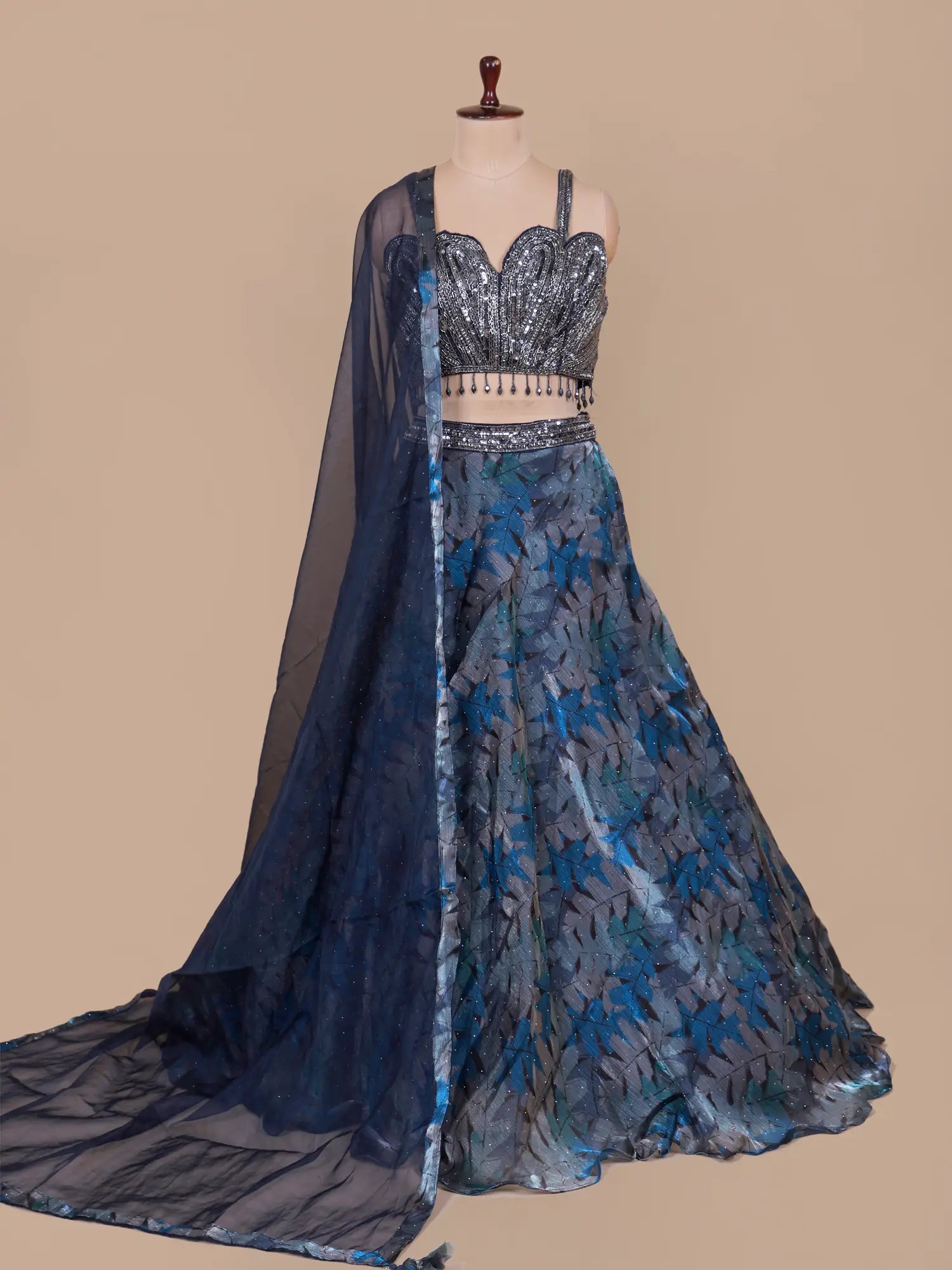 Shop Iconic Navy Blue Organza Lehenga With Designer Sparkle