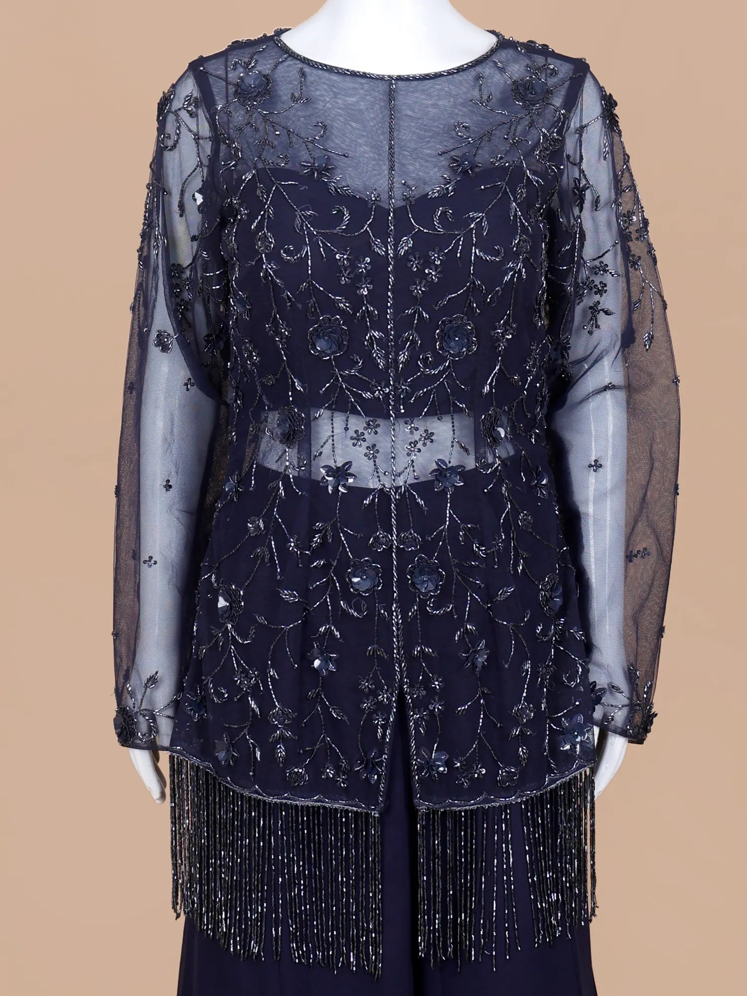 Exclusive Navy Blue Georgette Indo Western palazzo suit Featuring Sheer Shrug