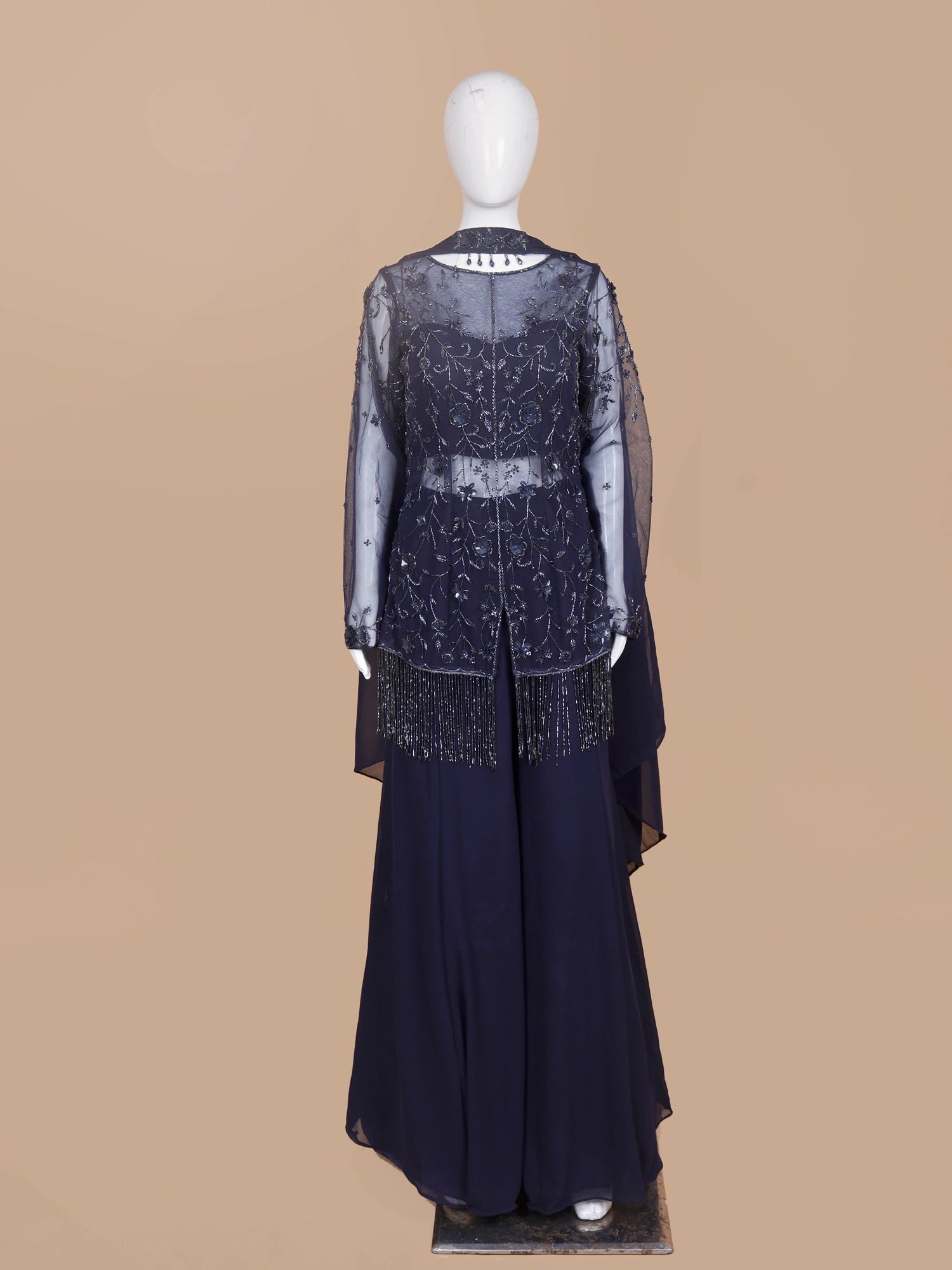 Exclusive Navy Blue Georgette Indo Western palazzo suit Featuring Sheer Shrug