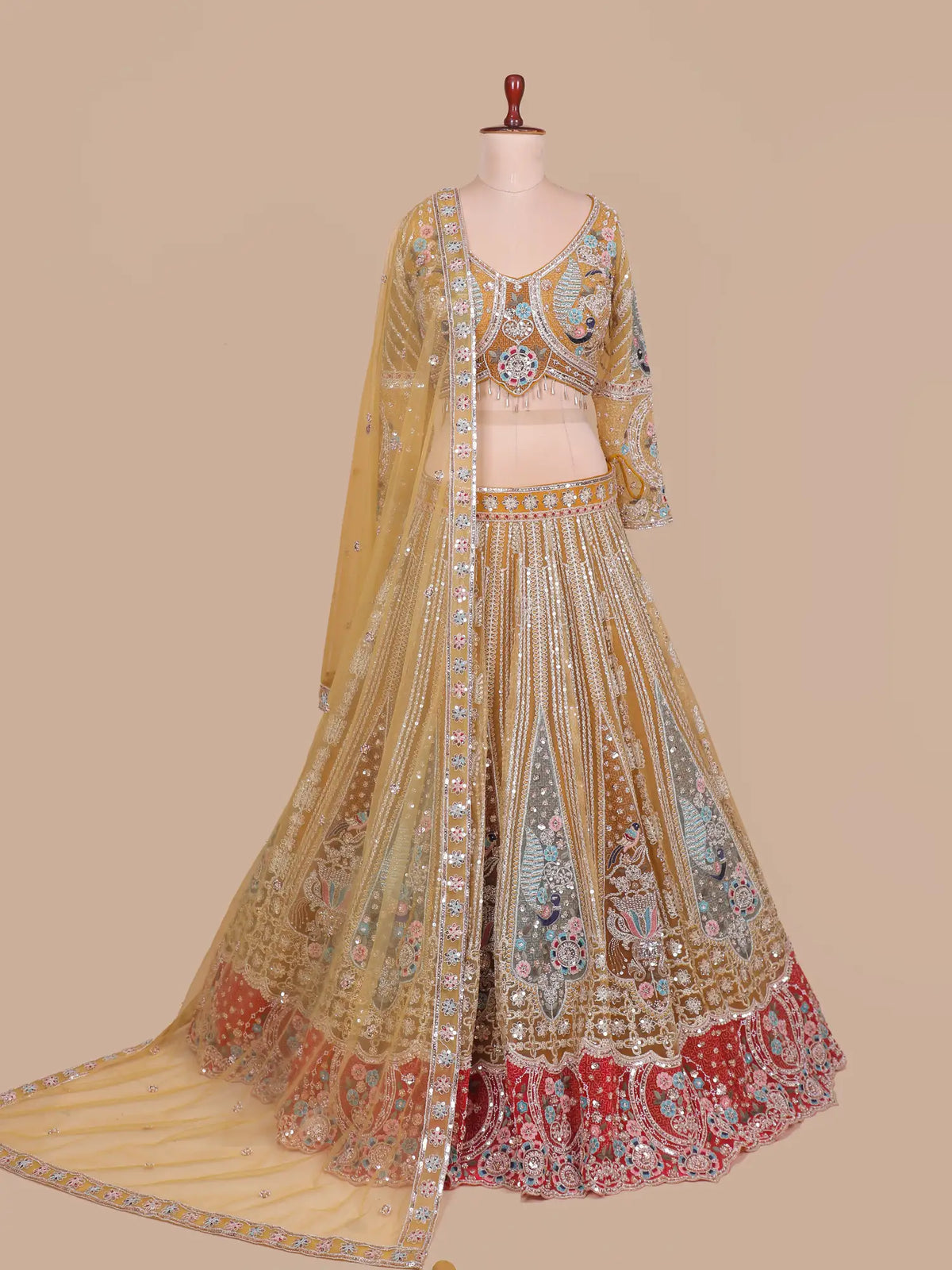 Choose Mustard Yellow Net Embellished Lehenga with Bird and Floral Embroidery