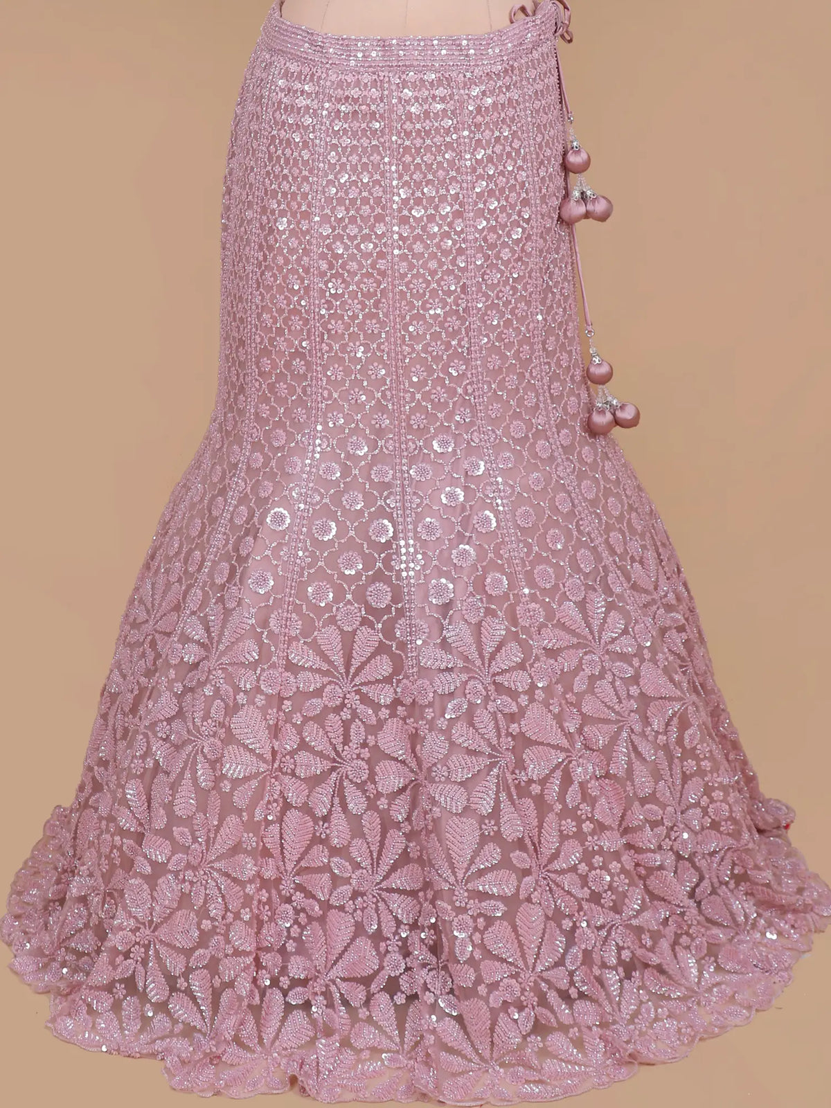 Rosy Pink Net Mermaid Fishcut Lehenga Featuring Beads Work