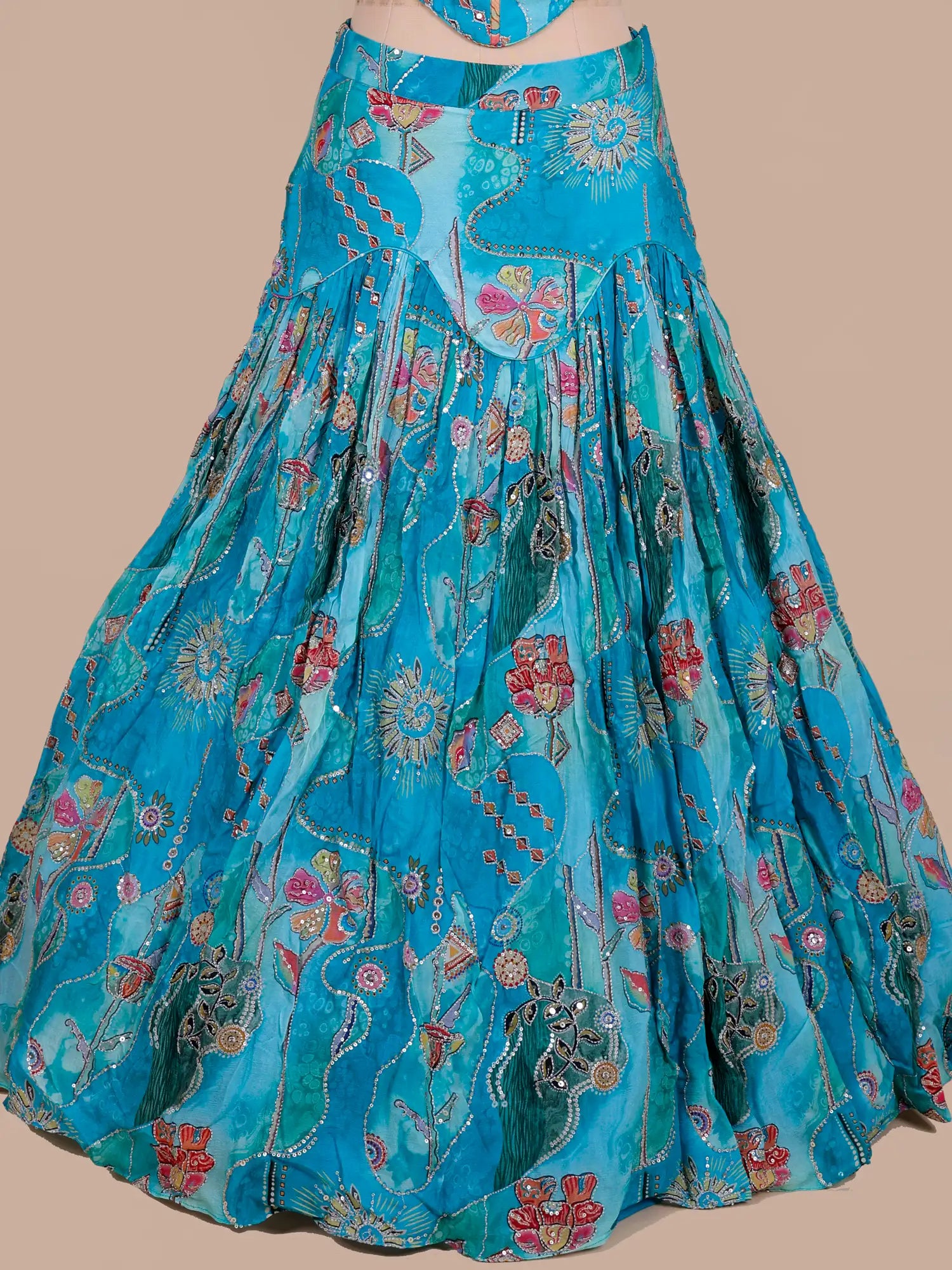 Designer Sky Blue Chinon Party Wear Lehenga With Sequins Work