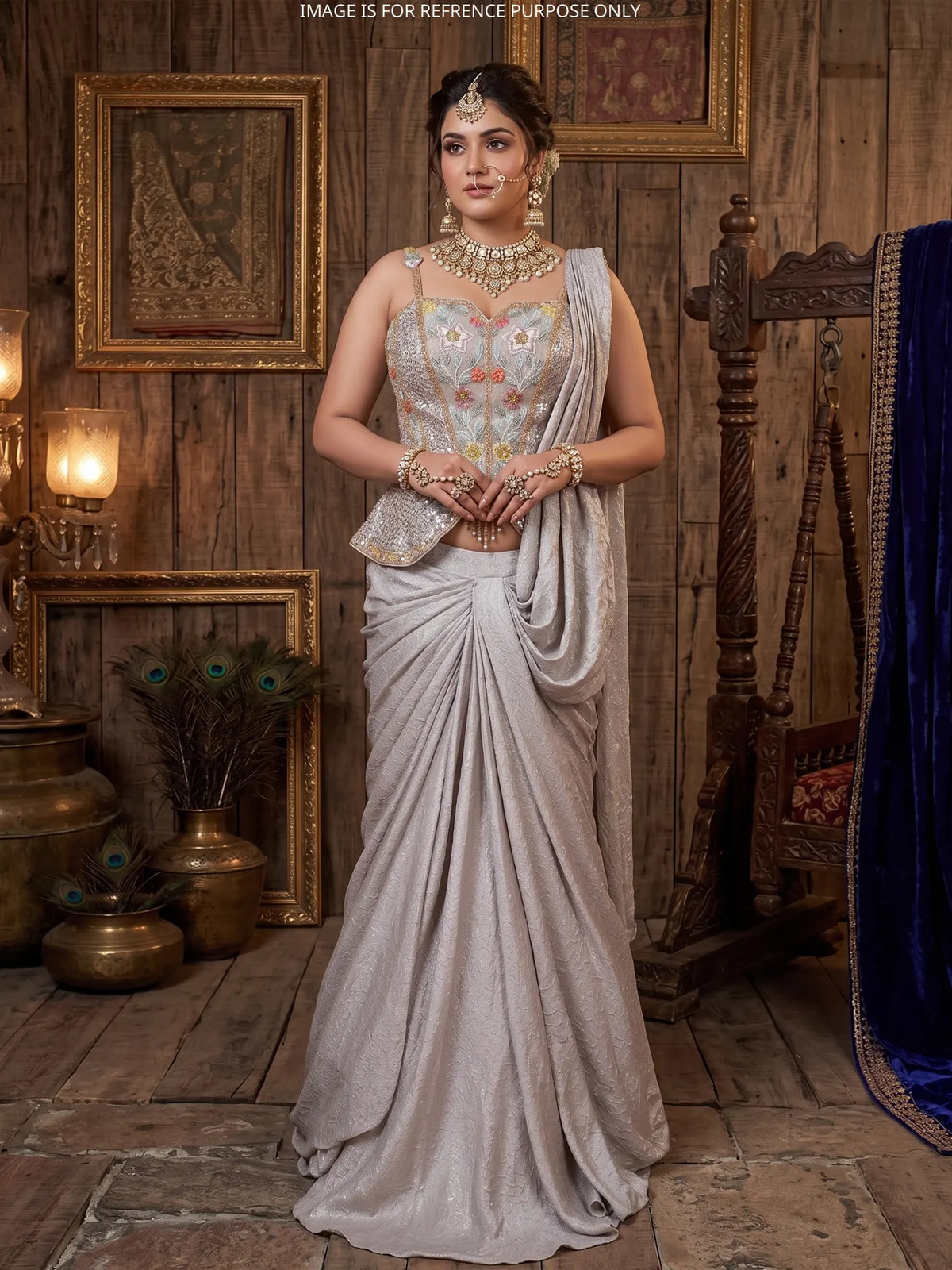 New Style Light Silver Imported Drape Saree Showcasing Sequin Moti Work
