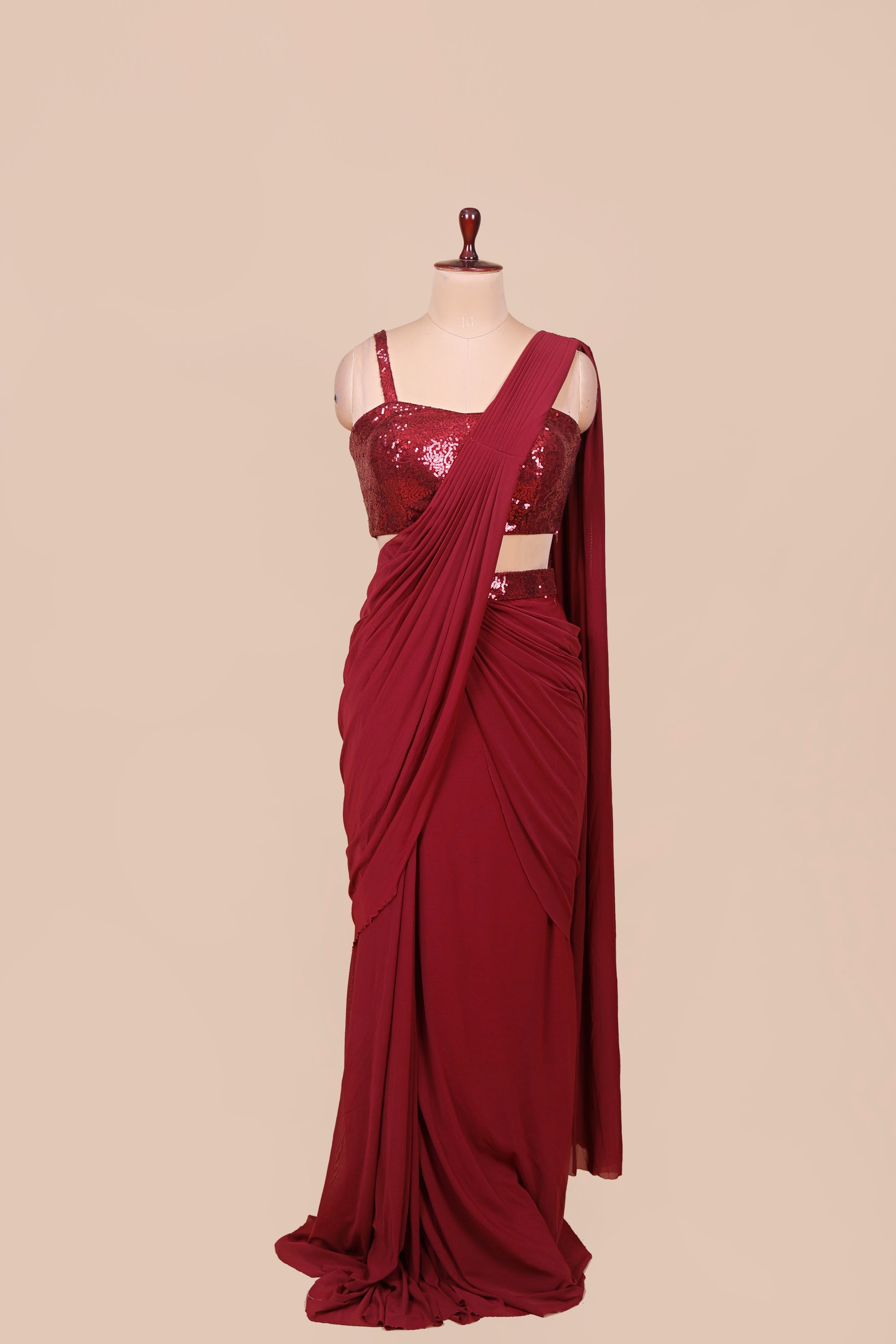 Red Velvet Glow Sequins Handwork Saree