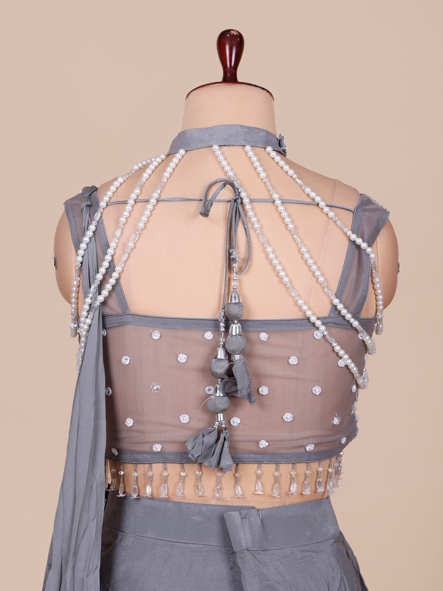 Grey Pearl Charm Chinnon Saree With Elegant Handwork