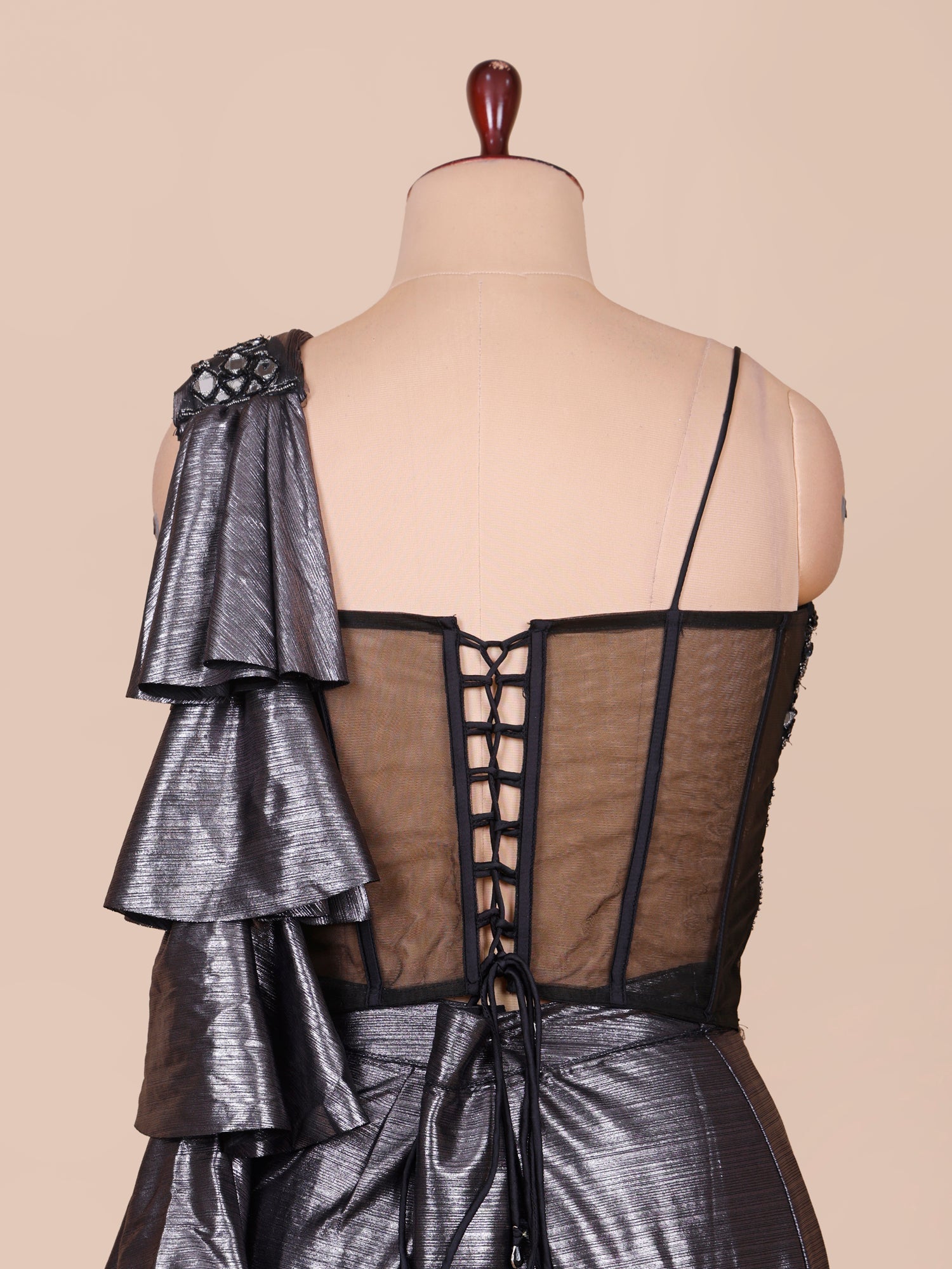 Metallic Charcoal Opulence Saree With Real Mirror Detailing