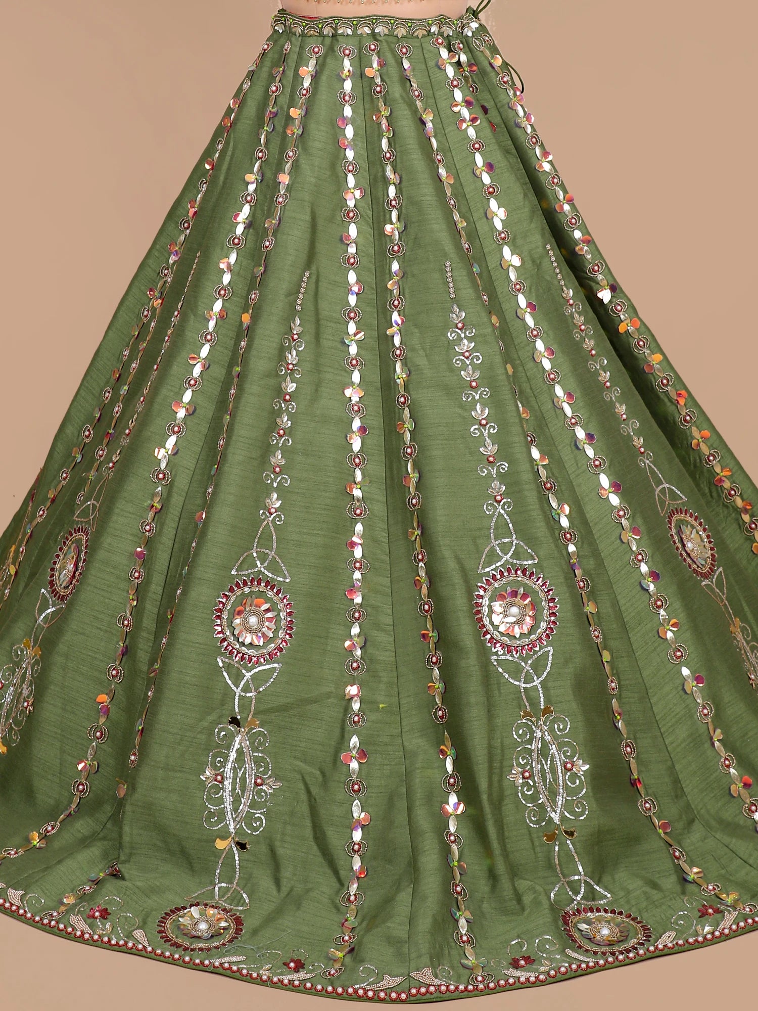 Olive Green Silk Zareen Pearl celebrity inspired lehenga