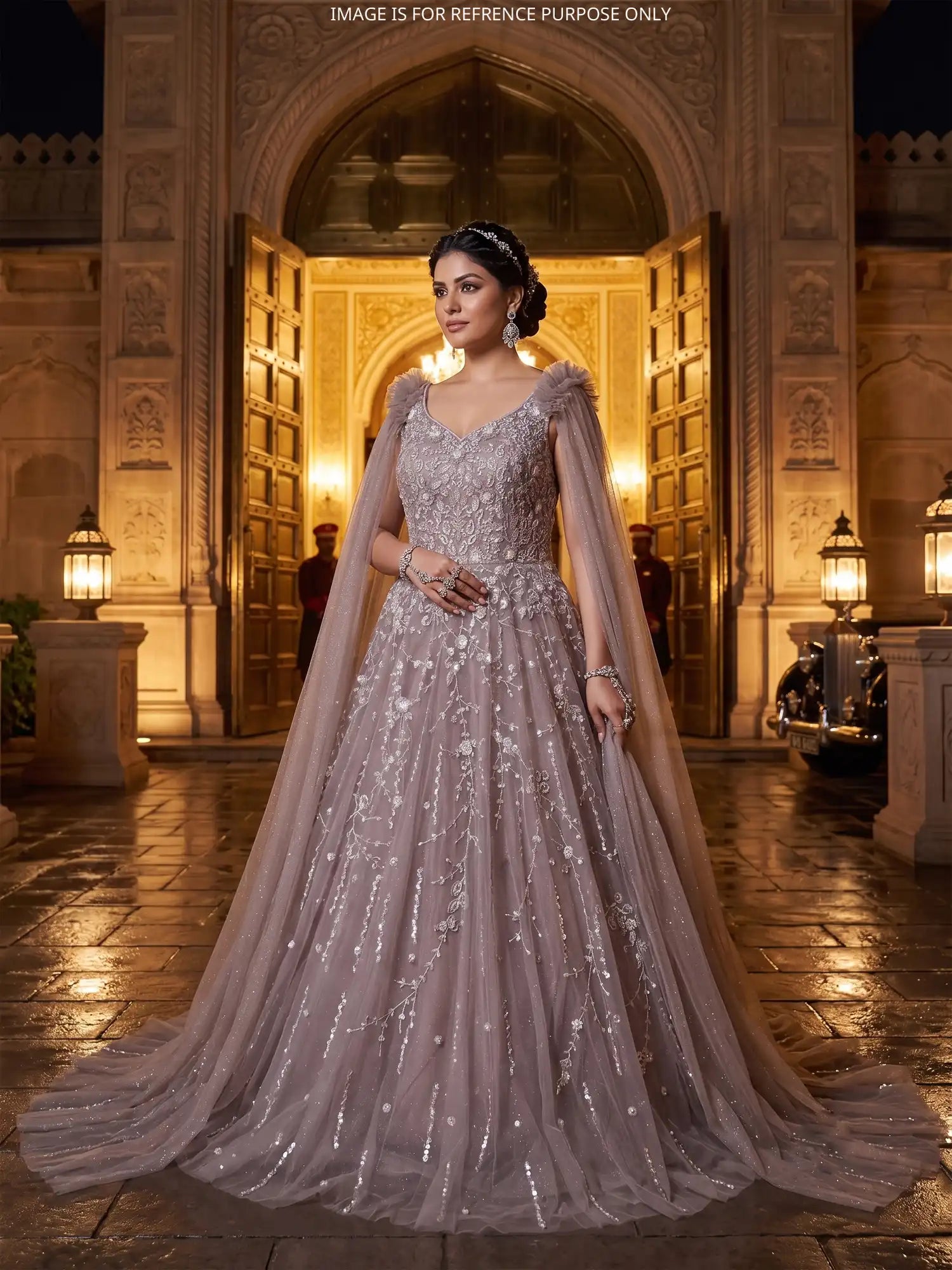 Onion Pink Designer Net Gown With Attached Dupatta and Sleeve Draping