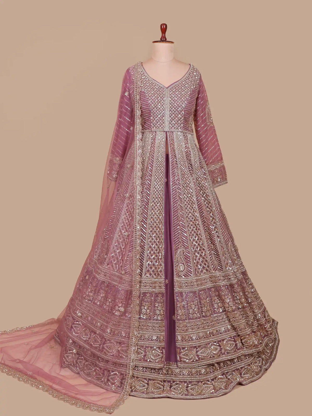 Designer Onion Pink Front Cut Indo Western Lehenga with Pearl Bead Detailing