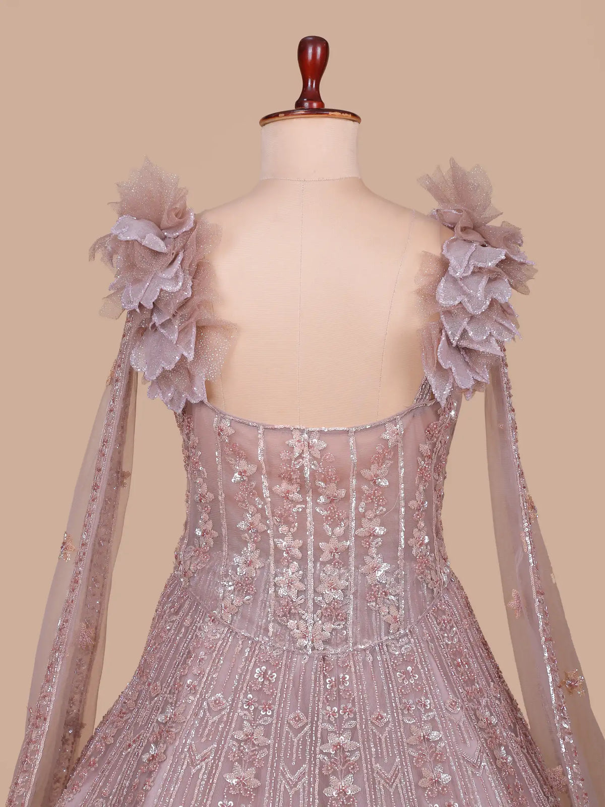Floral Grace Onion Pink Net Gown With Attached Shoulder Dupatta Styling