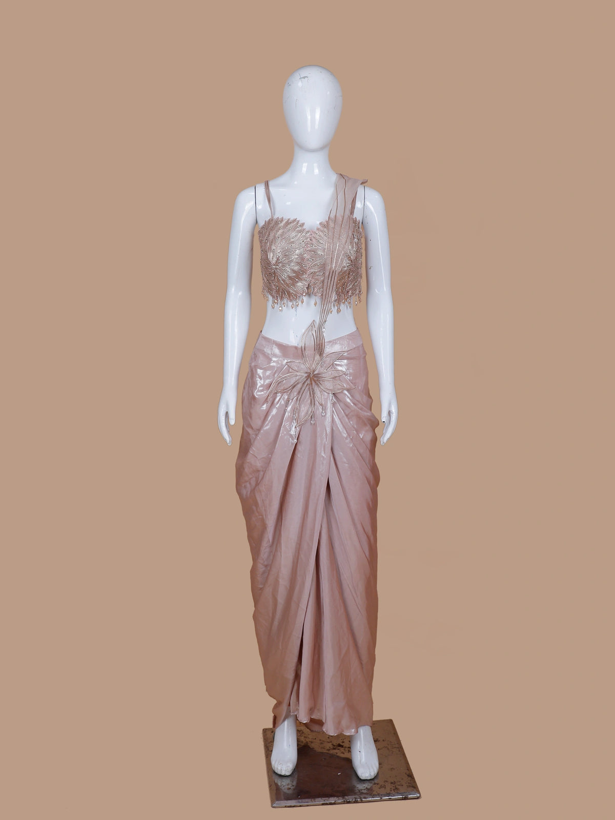 Modern Onion Pink Indo Western Pre Drape Saree with Embellished Leaf Blouse