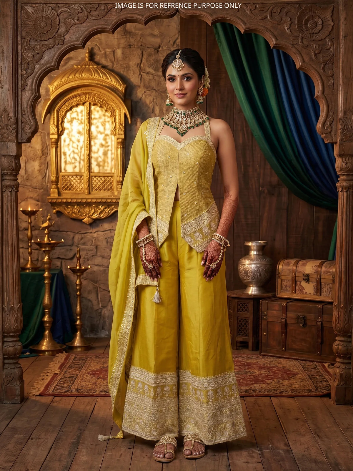 Order Lemon Organza Indo Western Palazzo Suit Featuring Unique Upper Style