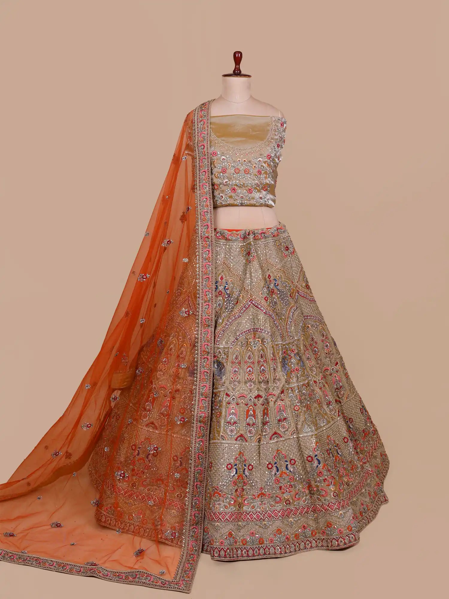 Antique Gold Organza Unstitched Lehenga Featuring Floral Figure Embroidery