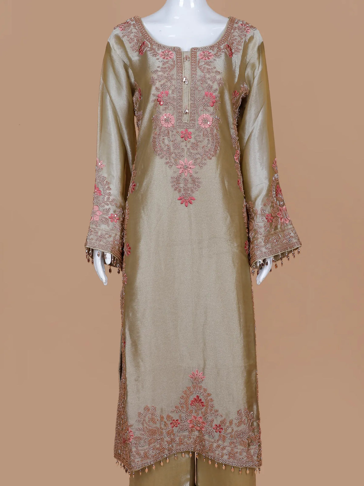 Mehendi Organza Luxury Salwar Suit with Pink Floral Bead Embroidery