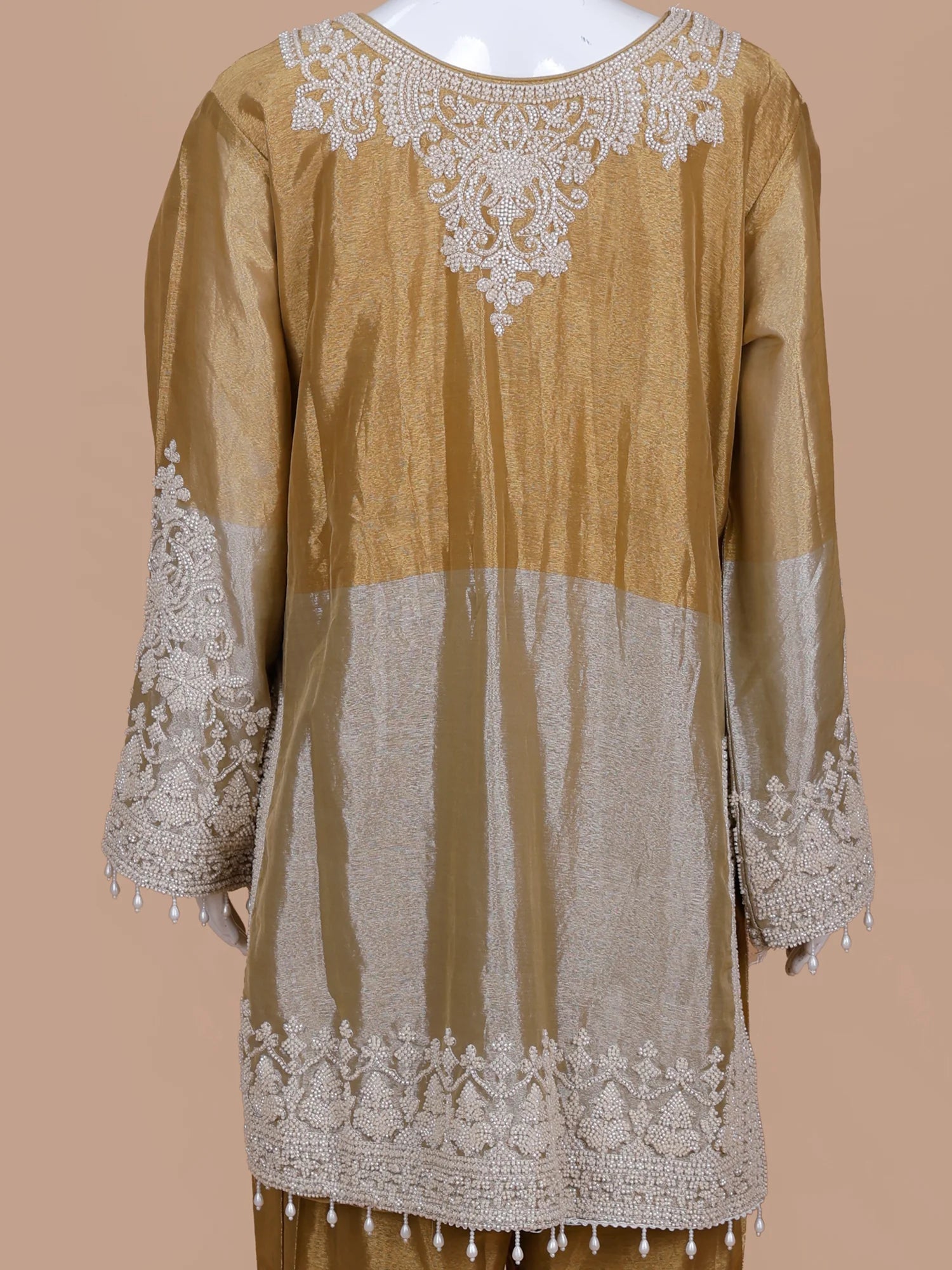 Dual Tone Shimmer Organza Salwar Suit In Bead Pearl Detailing