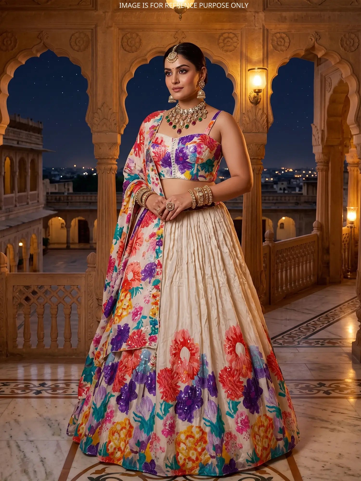 Party Wear Multi Color Crepe Silk Lehenga Sequins Design