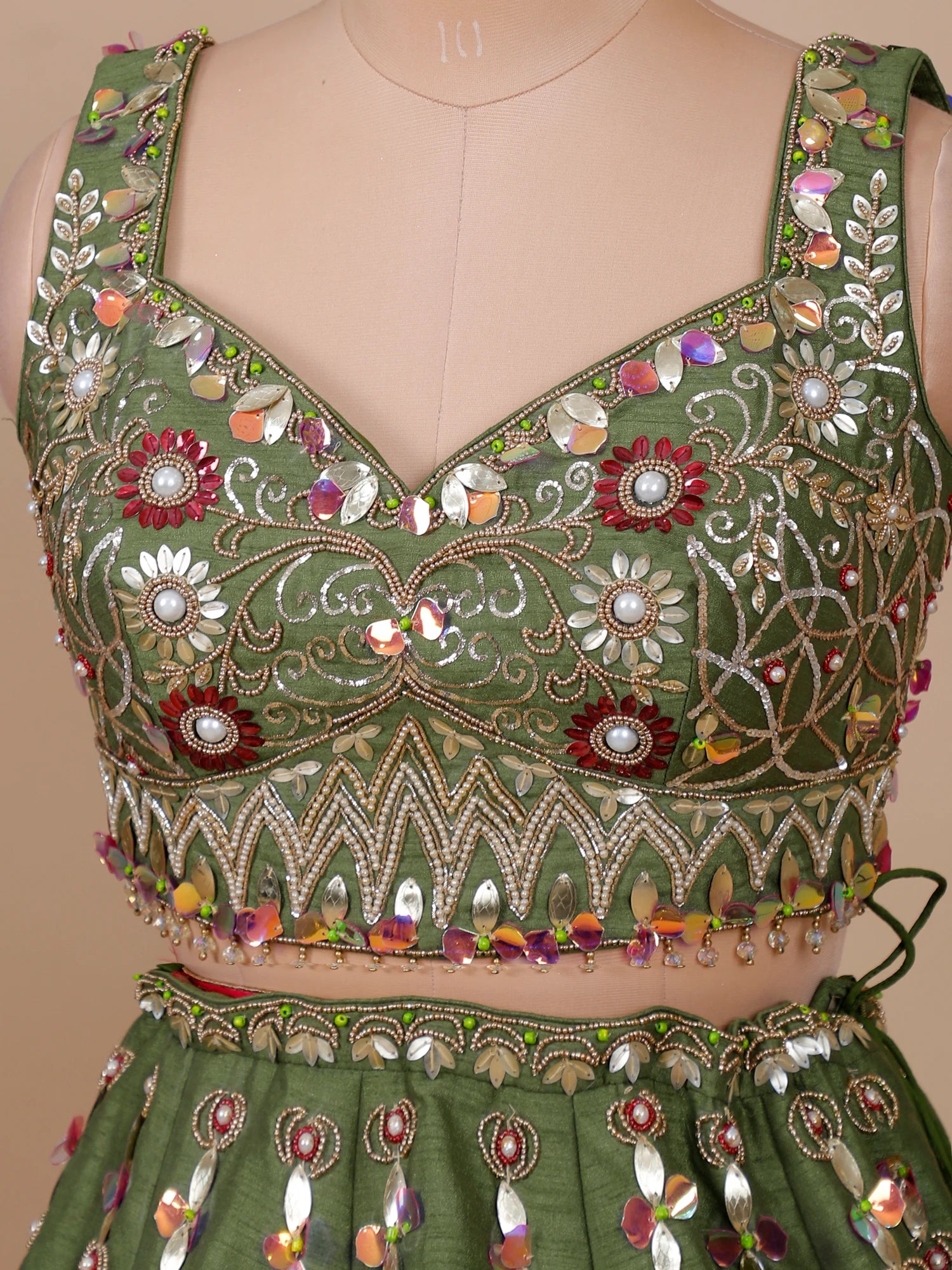 Olive Green Silk Zareen Pearl celebrity inspired lehenga