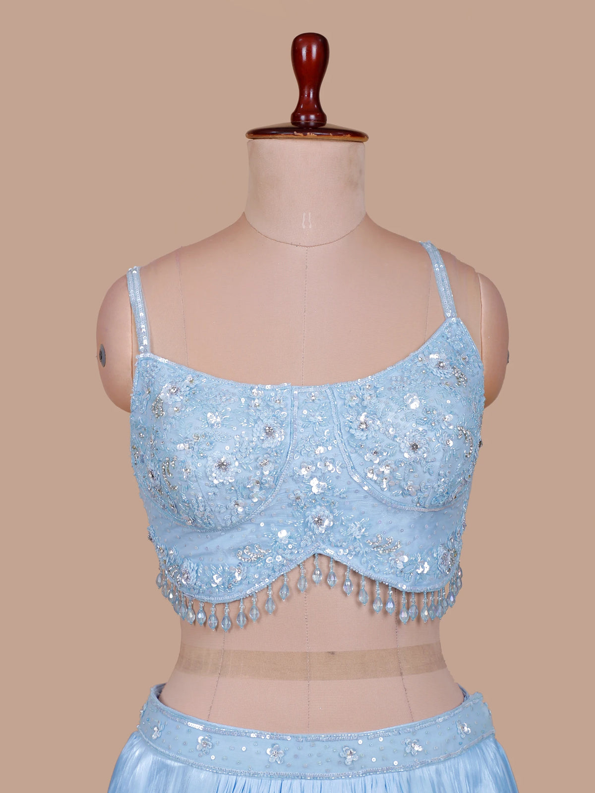Pastel Sky Blue Silk Lehenga with Sequin Floral Blouse and Choker Dupatta
