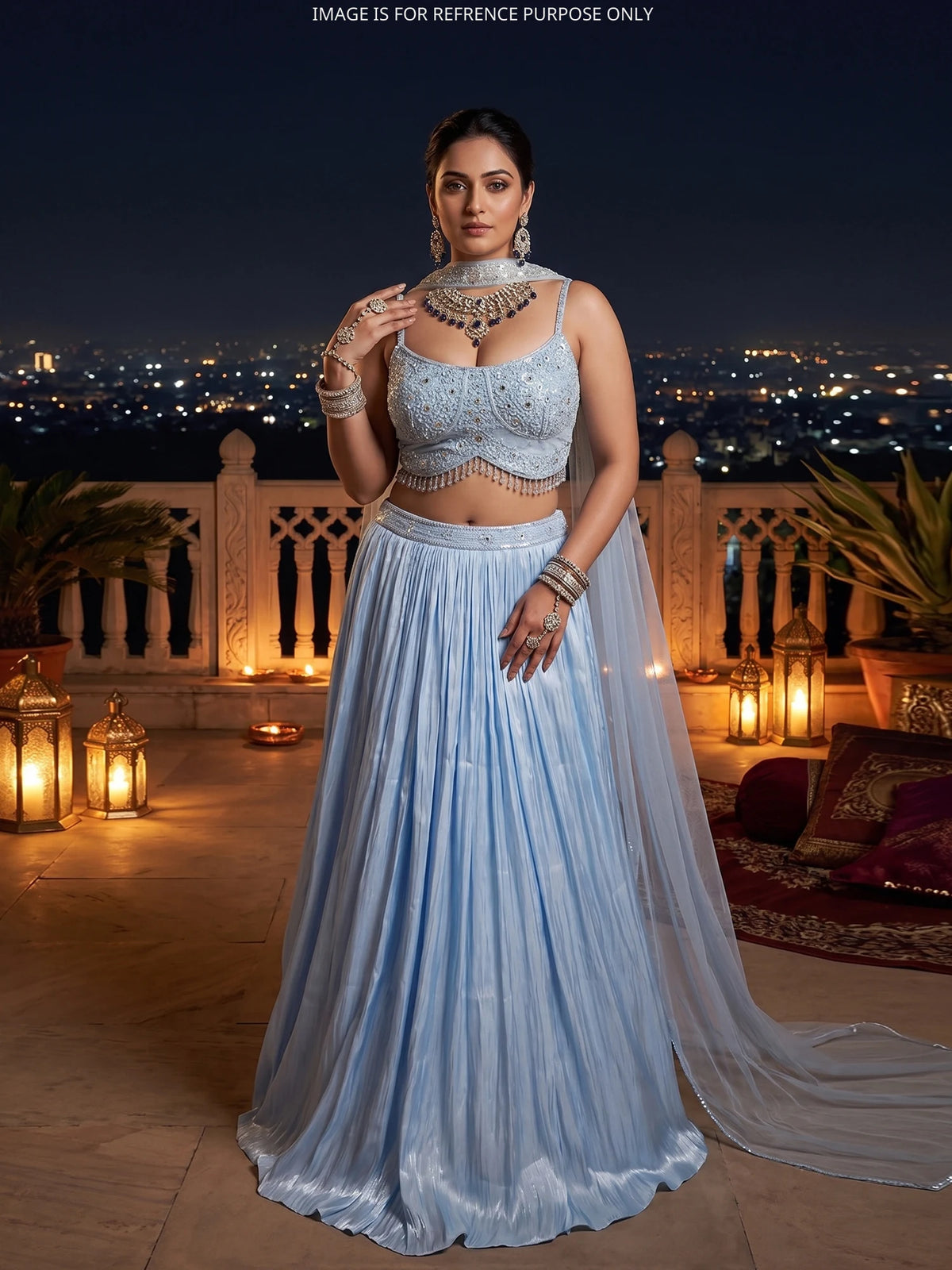 Pastel Sky Blue Silk Lehenga with Sequin Floral Blouse and Choker Dupatta