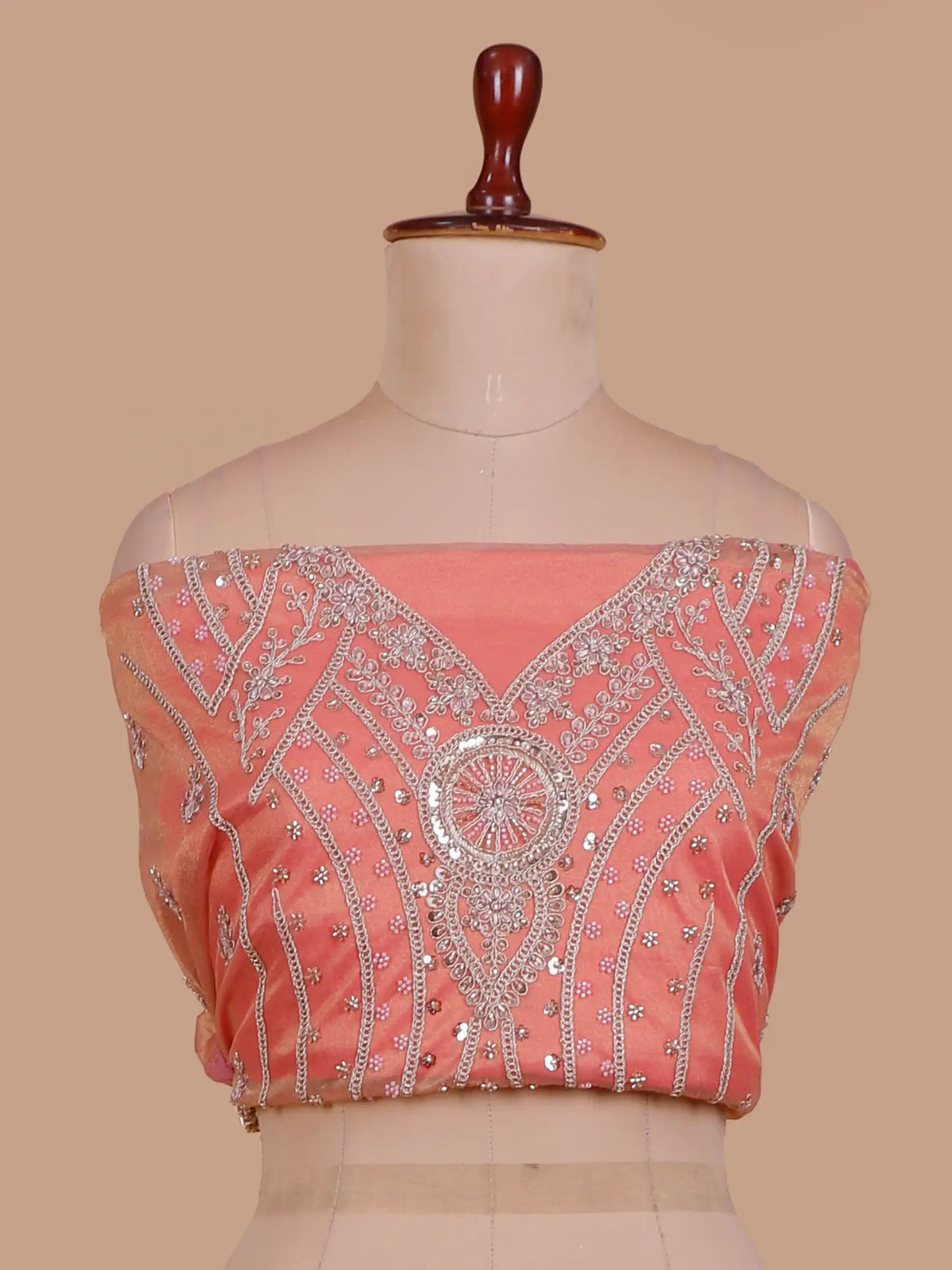 Peach Shimmer Organza Lehenga with Ornate Silver Thread Patterns