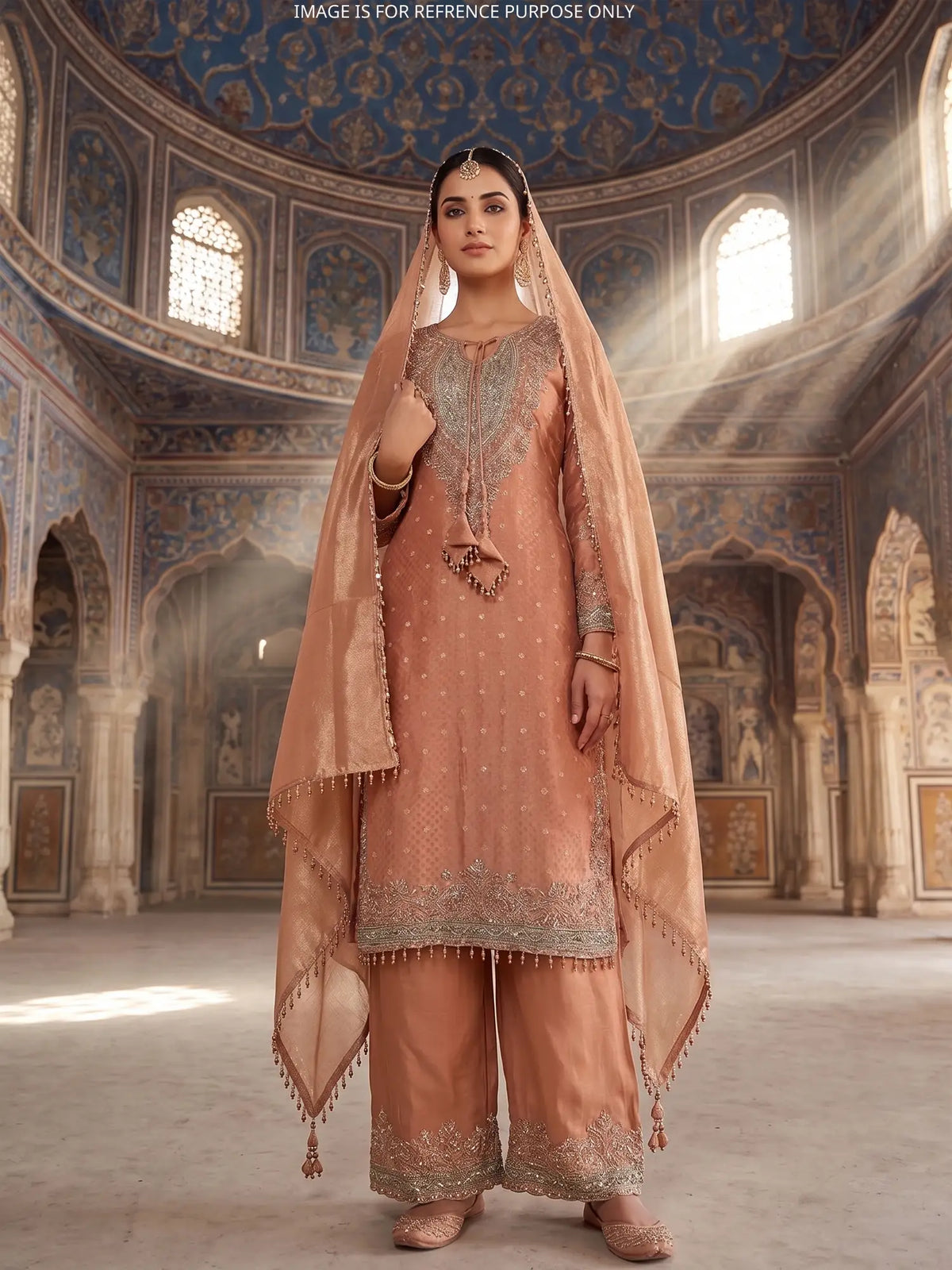 Peach Luxury Designer Suit Featuring Statement Chest Tassel and Silver Work