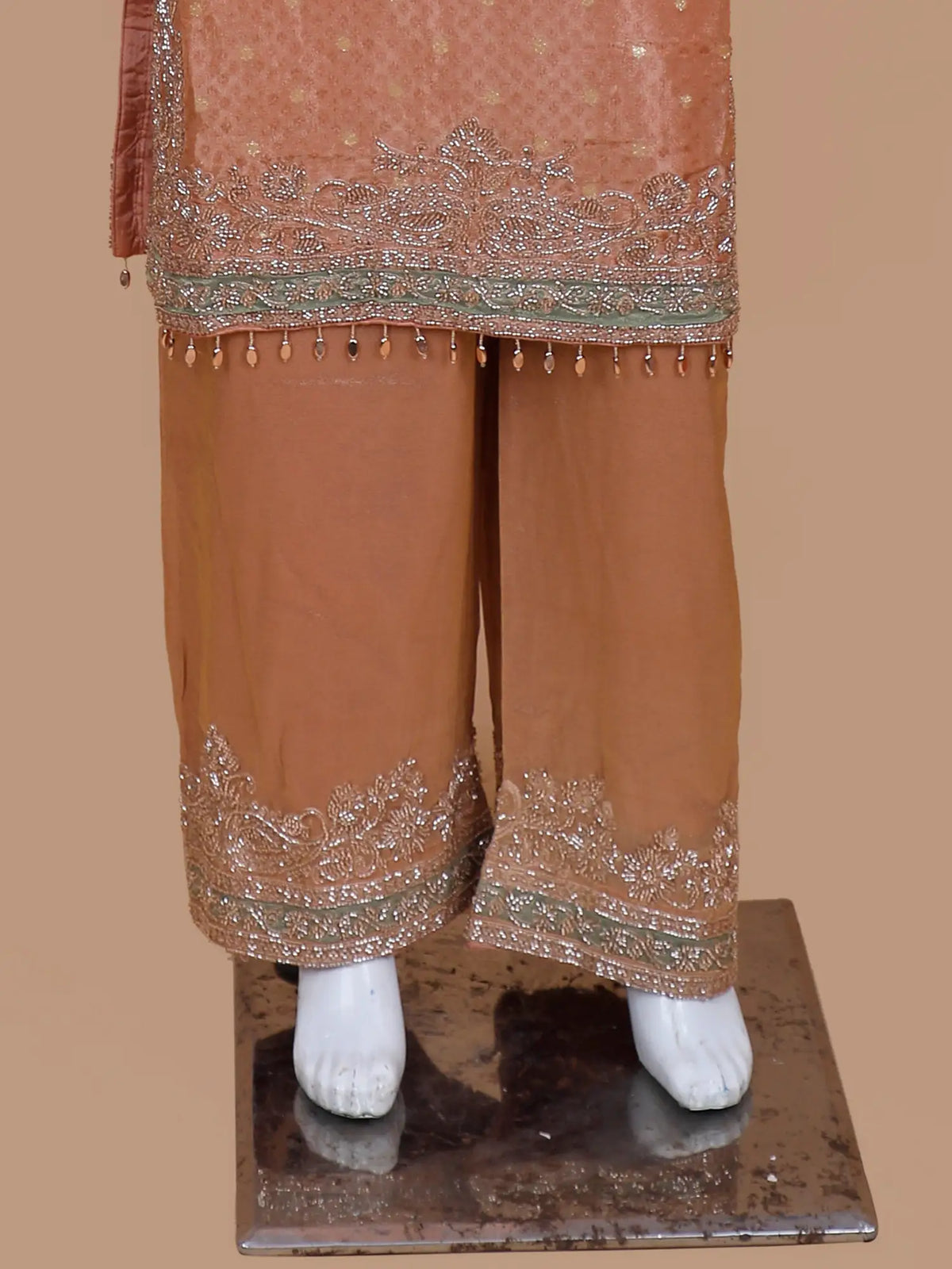 Peach Luxury Designer Suit Featuring Statement Chest Tassel and Silver Work