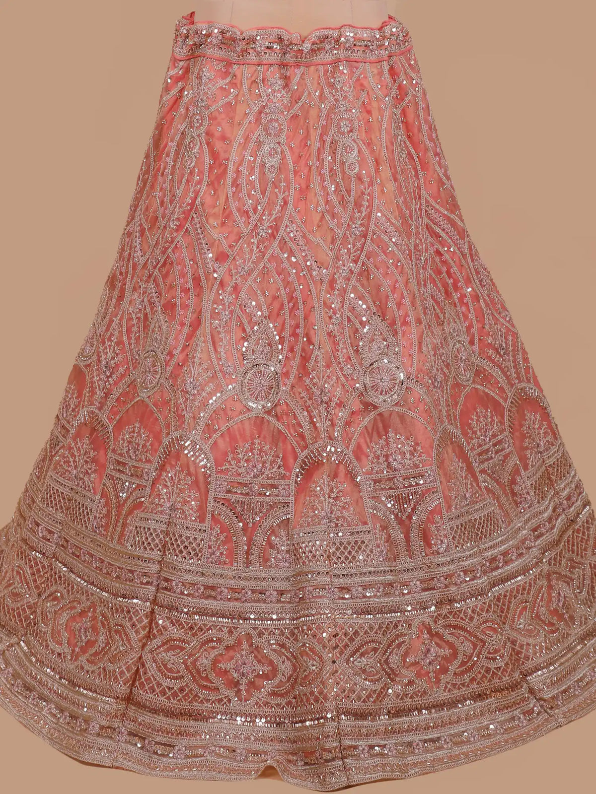 Peach Shimmer Organza Lehenga with Ornate Silver Thread Patterns