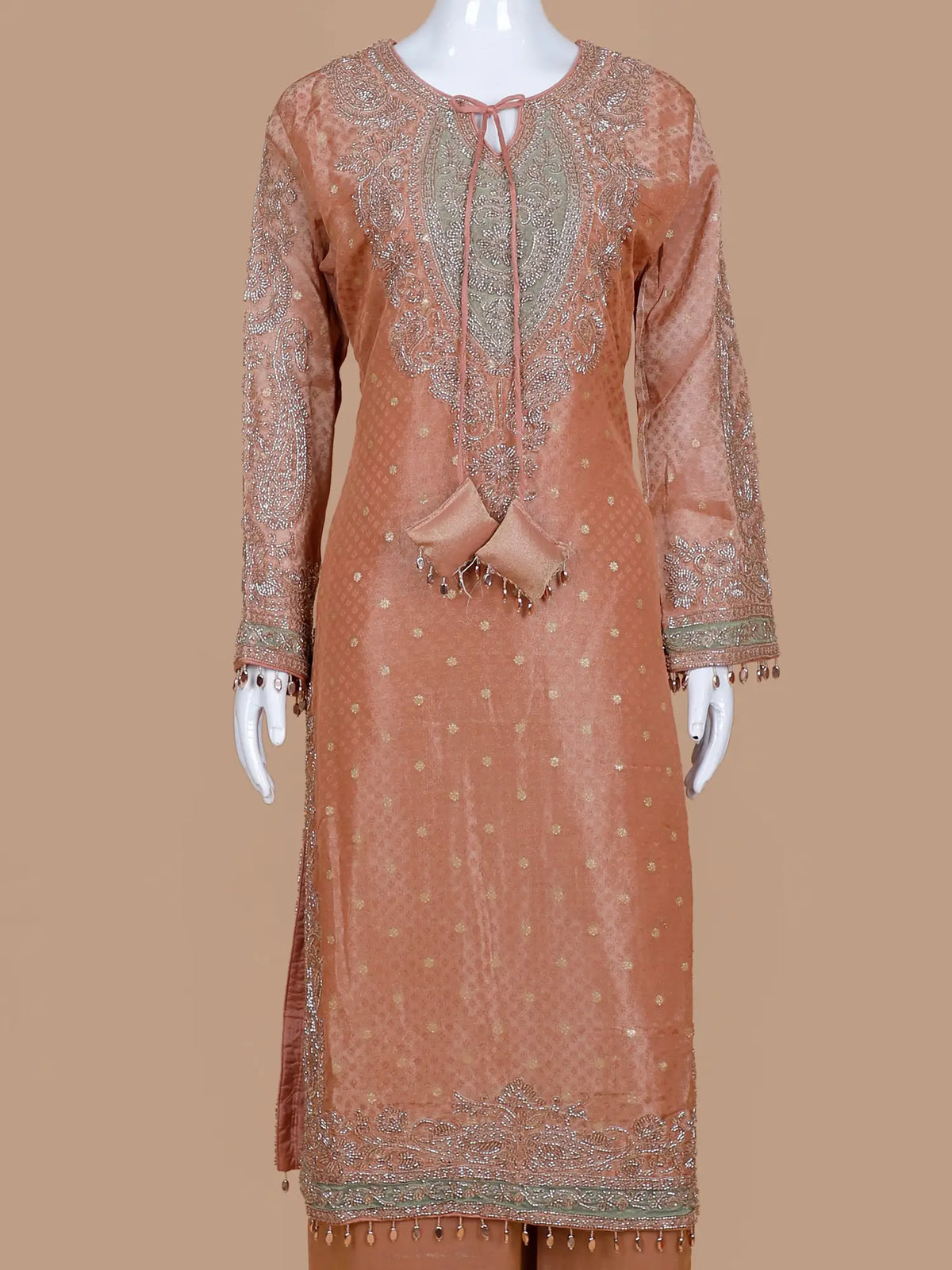 Peach Luxury Designer Suit Featuring Statement Chest Tassel and Silver Work
