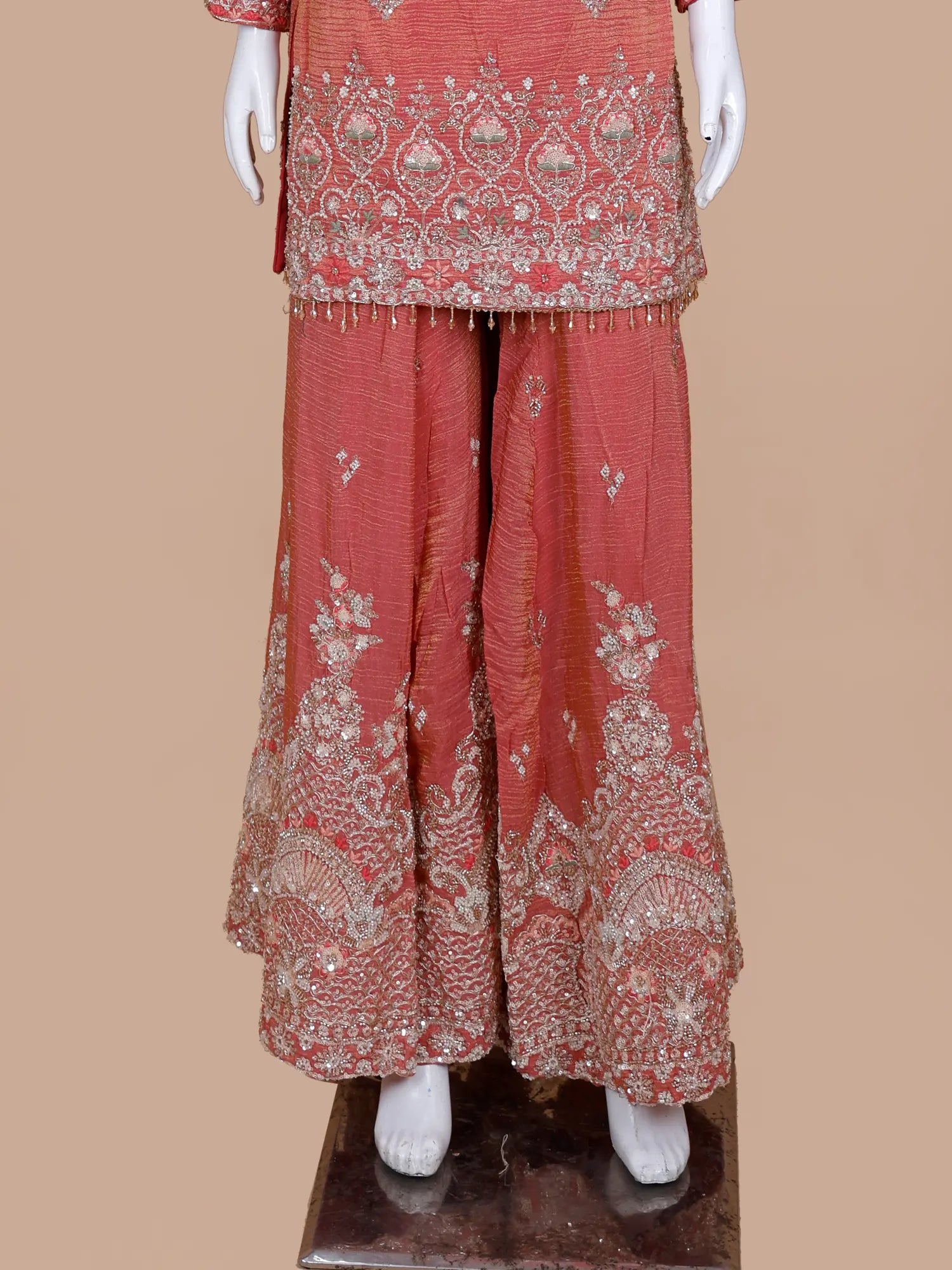 Own Dark Peach Shimmer Silk Palazzo Suit In Designer Threadwork