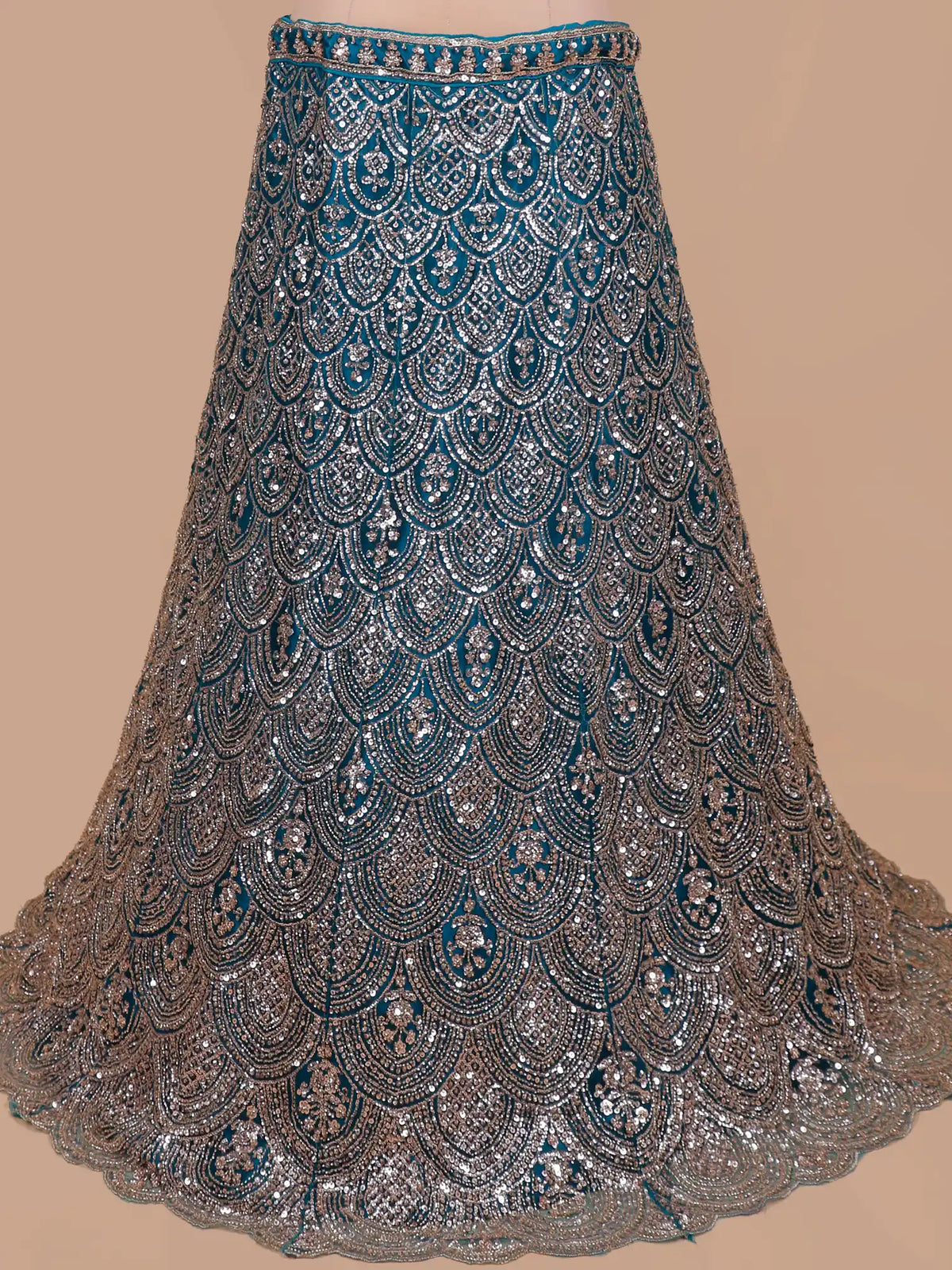 Peacock Blue Net Designer Lehenga Embellished in Metallic Sequin and Bead Detailing