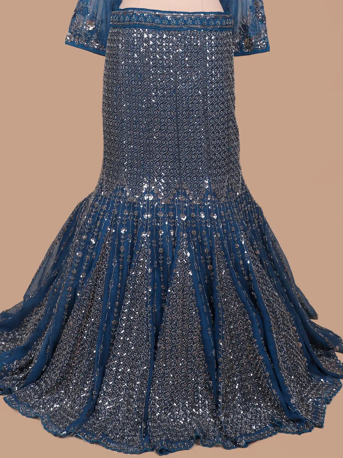 Peacock Blue Designer Fishcut Lehenga with Ornate Silver Sequin Embroidery