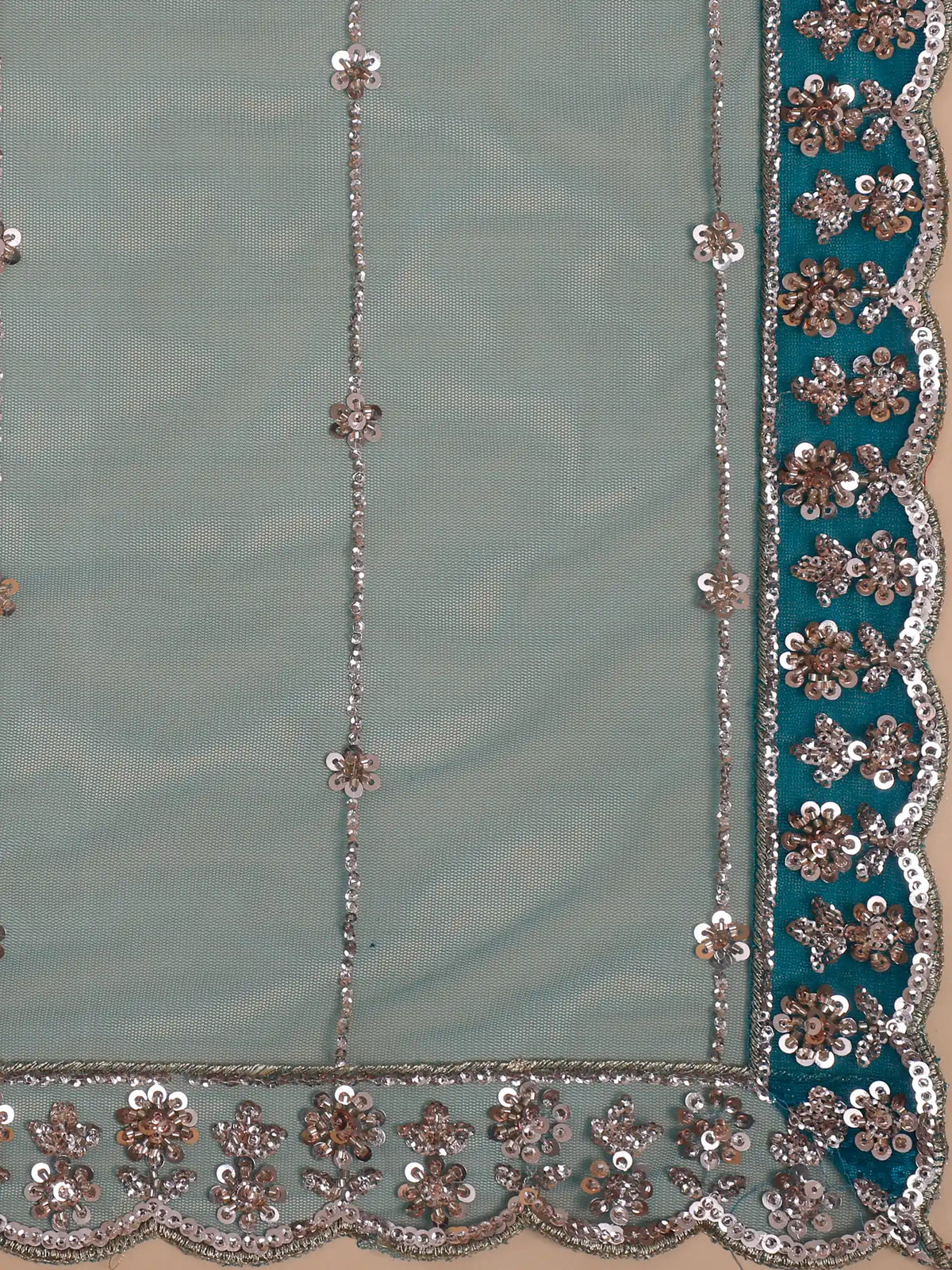 Peacock Blue Net Designer Lehenga Embellished in Metallic Sequin and Bead Detailing