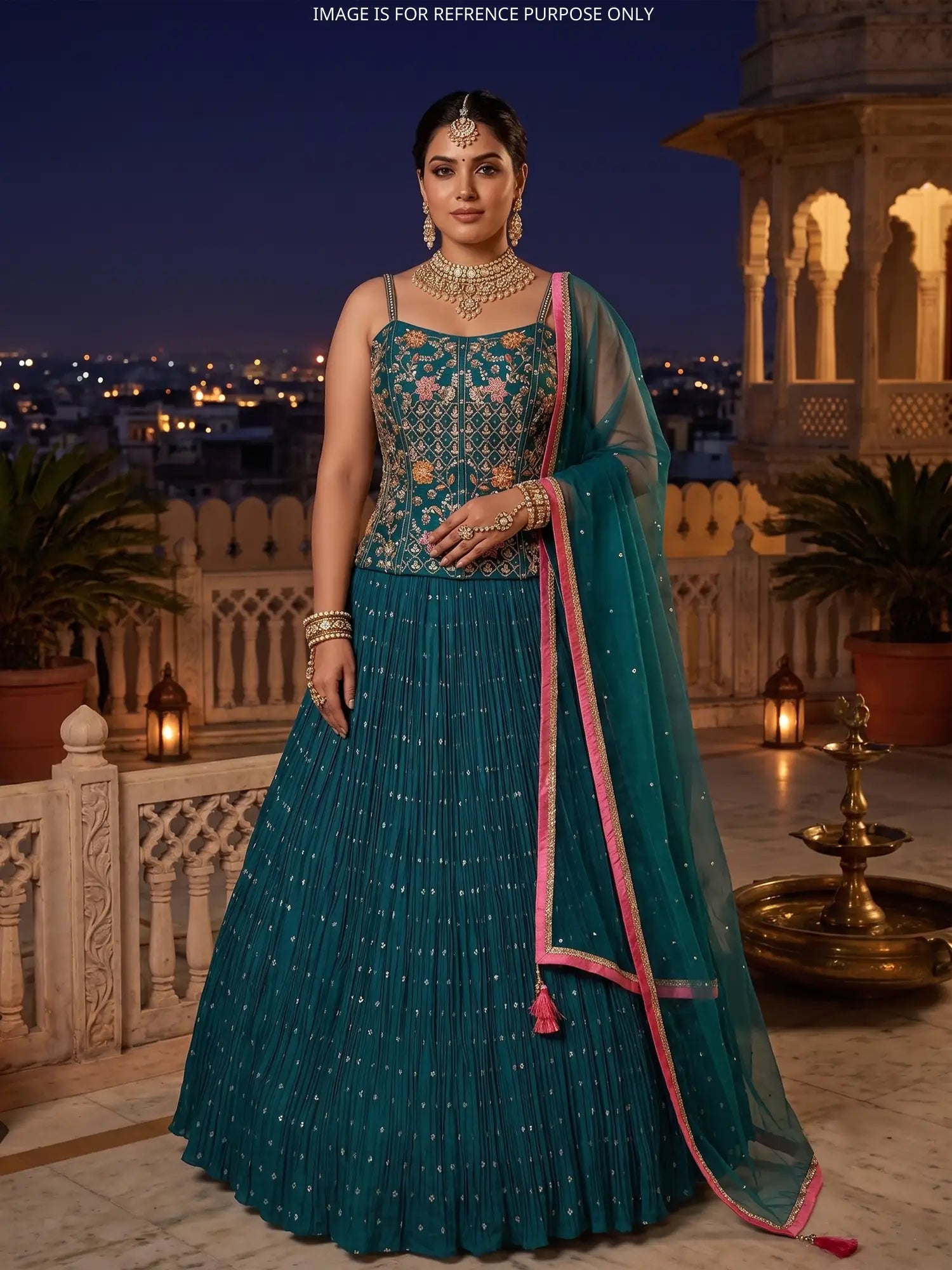 Peacock Green Georgette Peplum Lehenga Ensemble With Multi-Thread Mirror Craft
