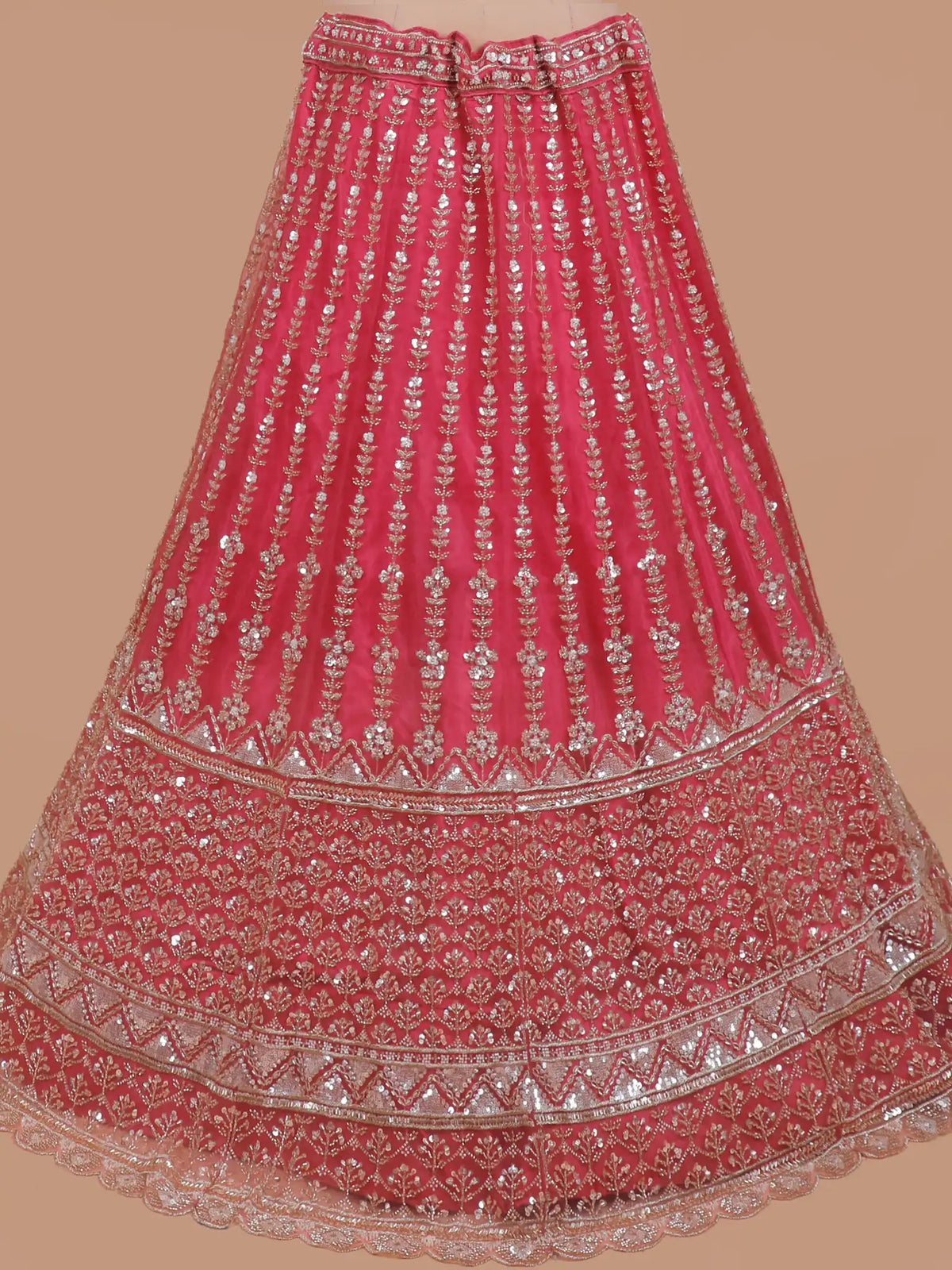 Buy Modern Pink Net Unstitched Lehenga Featuring Silver Floral Embroidery