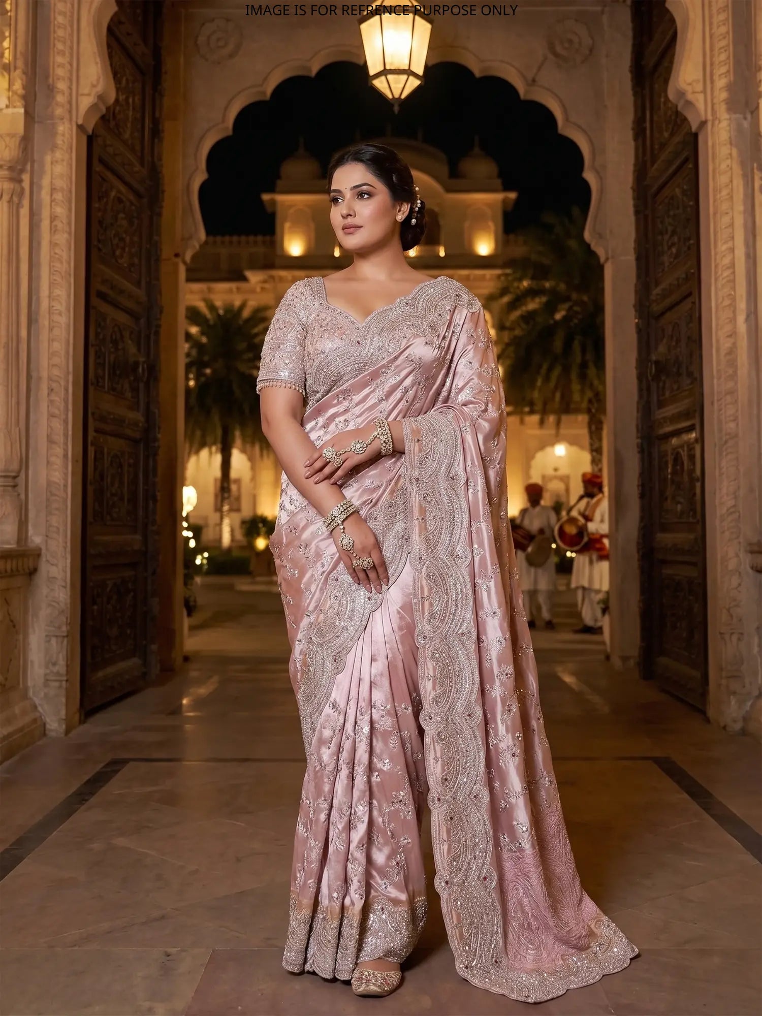 Pink Luxury Silk Designer Saree Defined By Layered Pearl Stone Work
