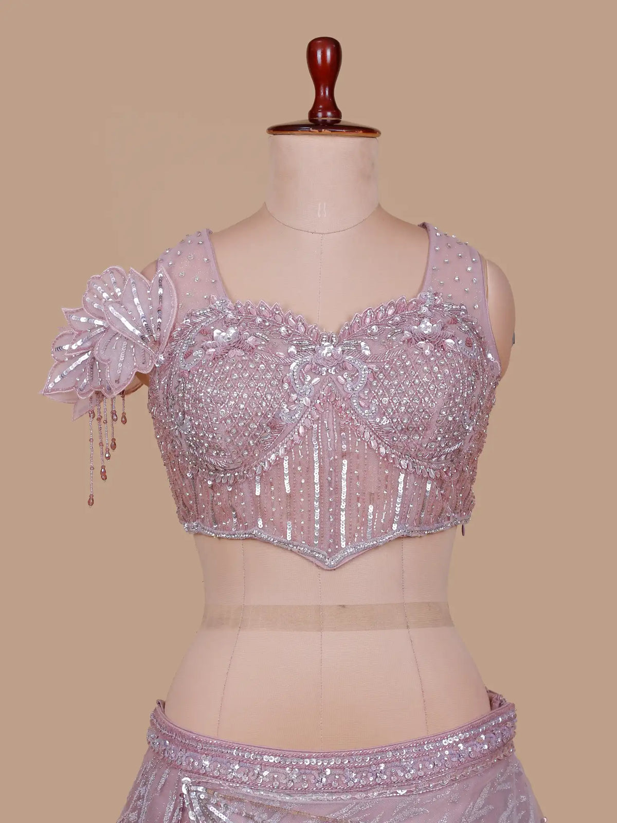 Luxury Light Pink Net Drape Lehenga with 3D Floral Shoulder Detailing