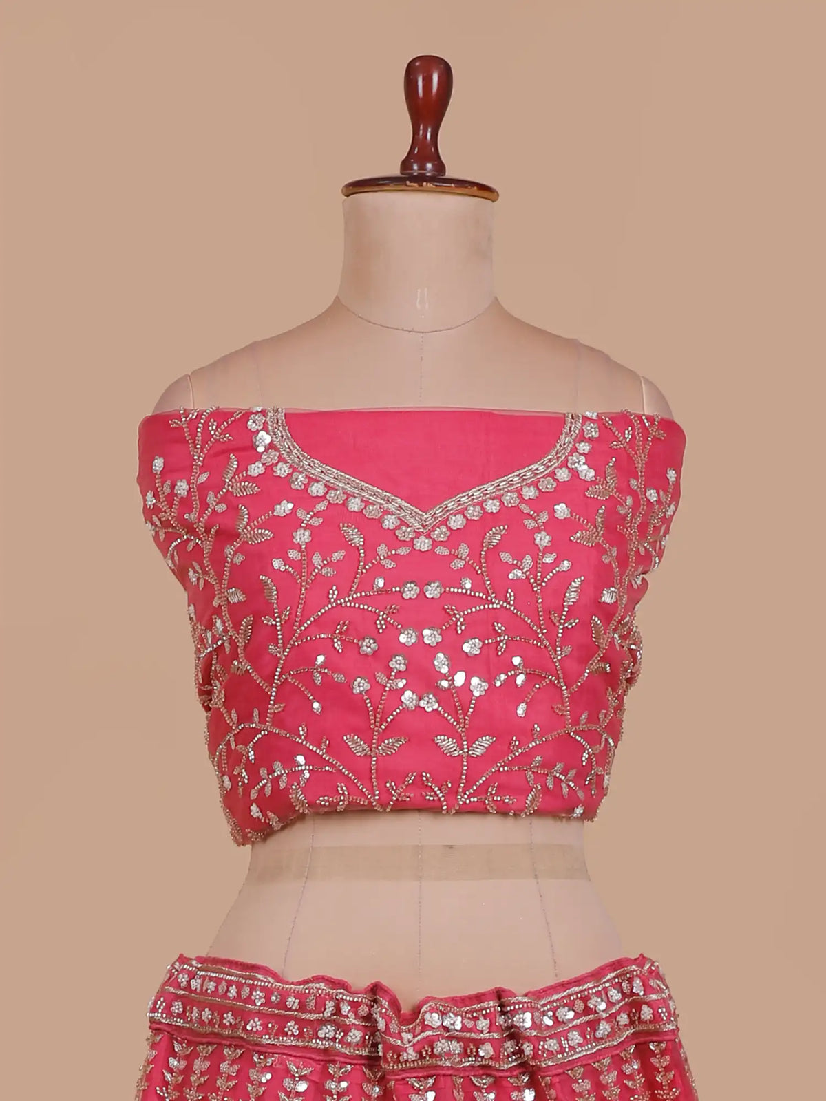 Buy Modern Pink Net Unstitched Lehenga Featuring Silver Floral Embroidery