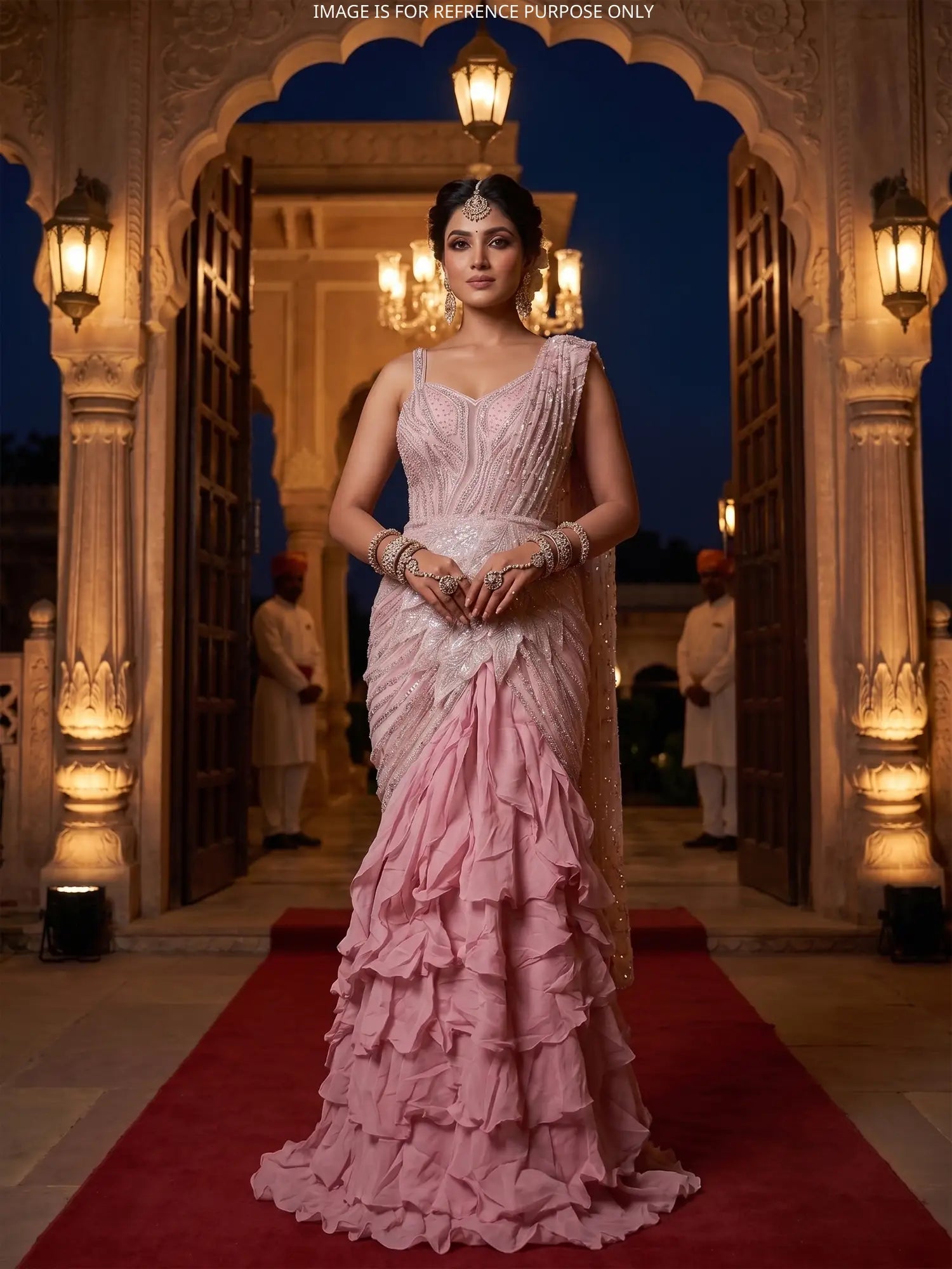 Pink Pre-Draped Silk Saree With Modern Diamond Embellishment