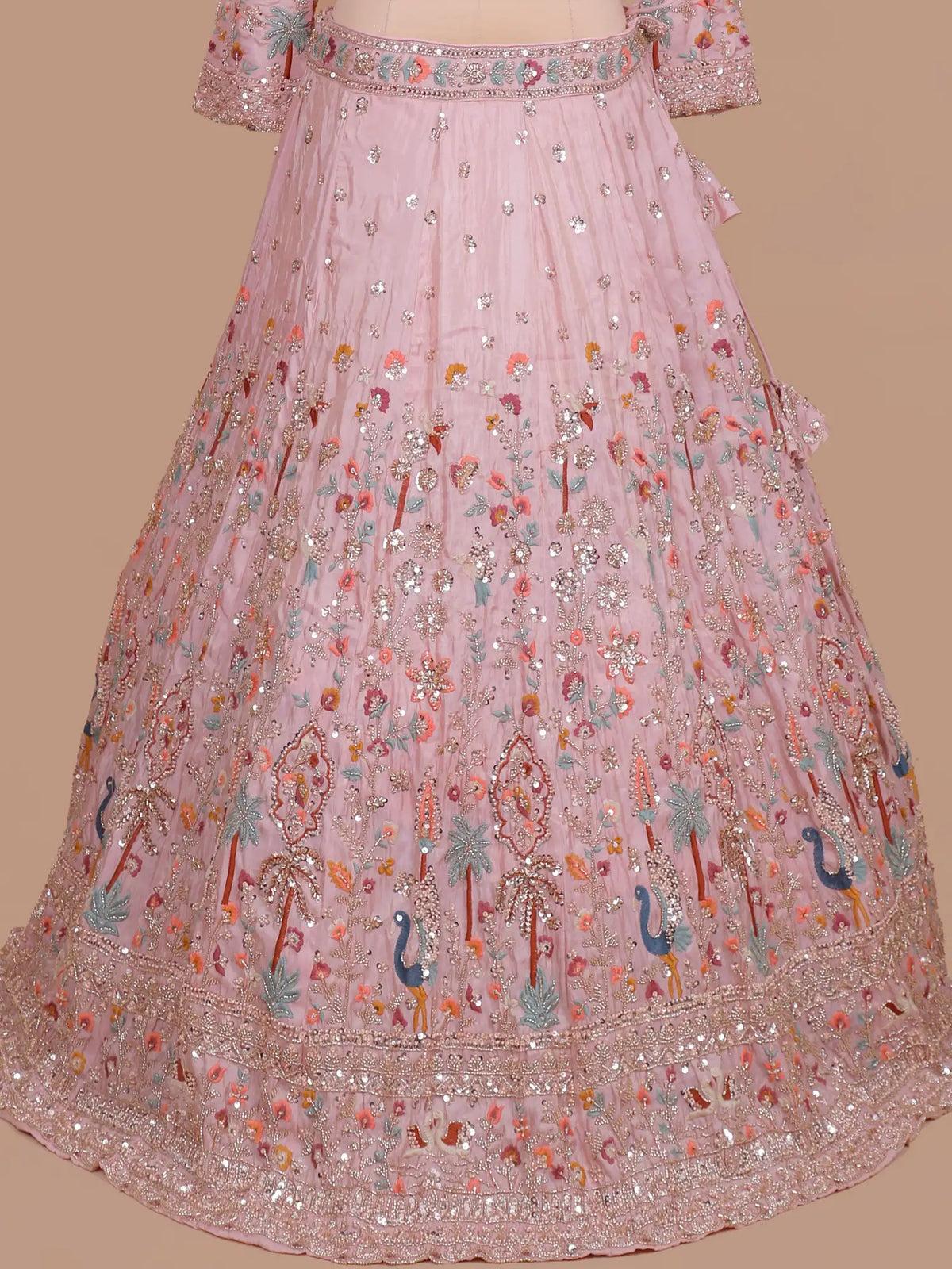 Enchanting Pink Shimmer Silk Lehenga Choli Featuring Peacock And Tree Detailing