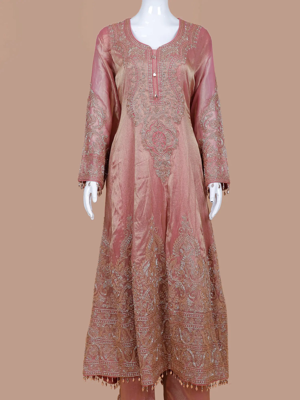 Buy Blush Pink Shimmer Silk Long Suit with Heavy Beaded Embroidery