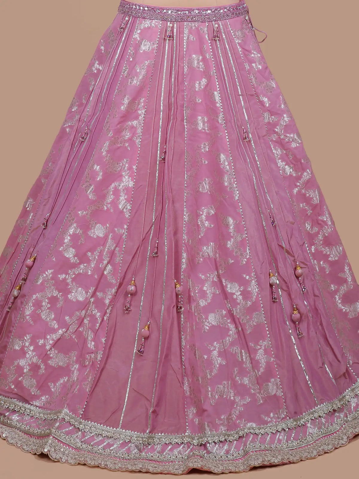 Luxury Pink Silk Lehenga with Statement Cutout Blouse and Crystal Tassels