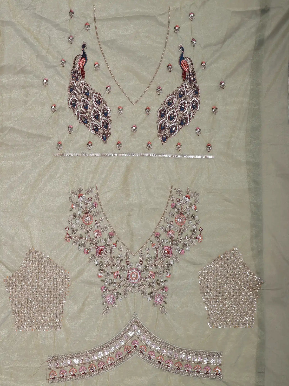 Elegant Pista Green Lehenga with Pink Floral and Navy Peacock Motifs