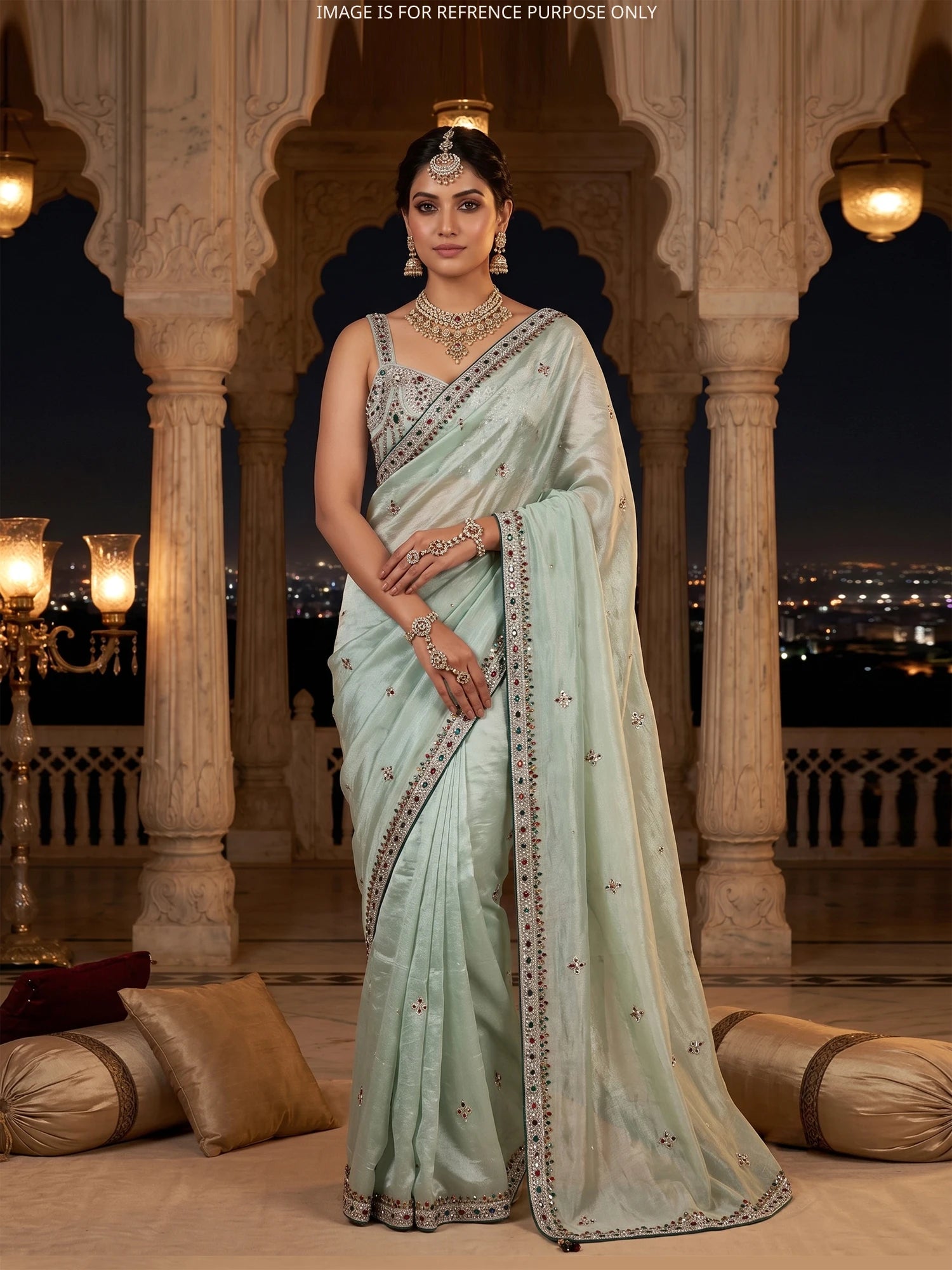 Pista Green Lumina Shimmer Organza Designer Saree With Crystal Charm