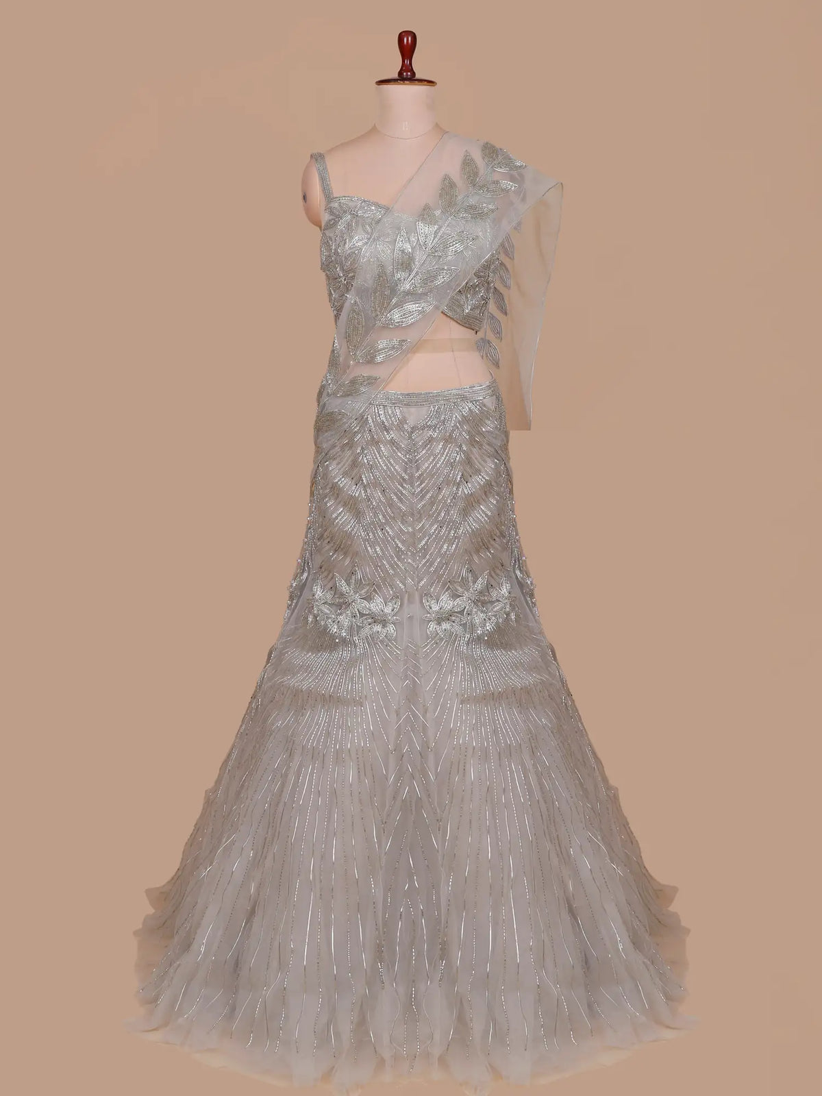 Glamorous Grey Net Pre-Draped Lehenga With Intricate Sequin And Moti Work