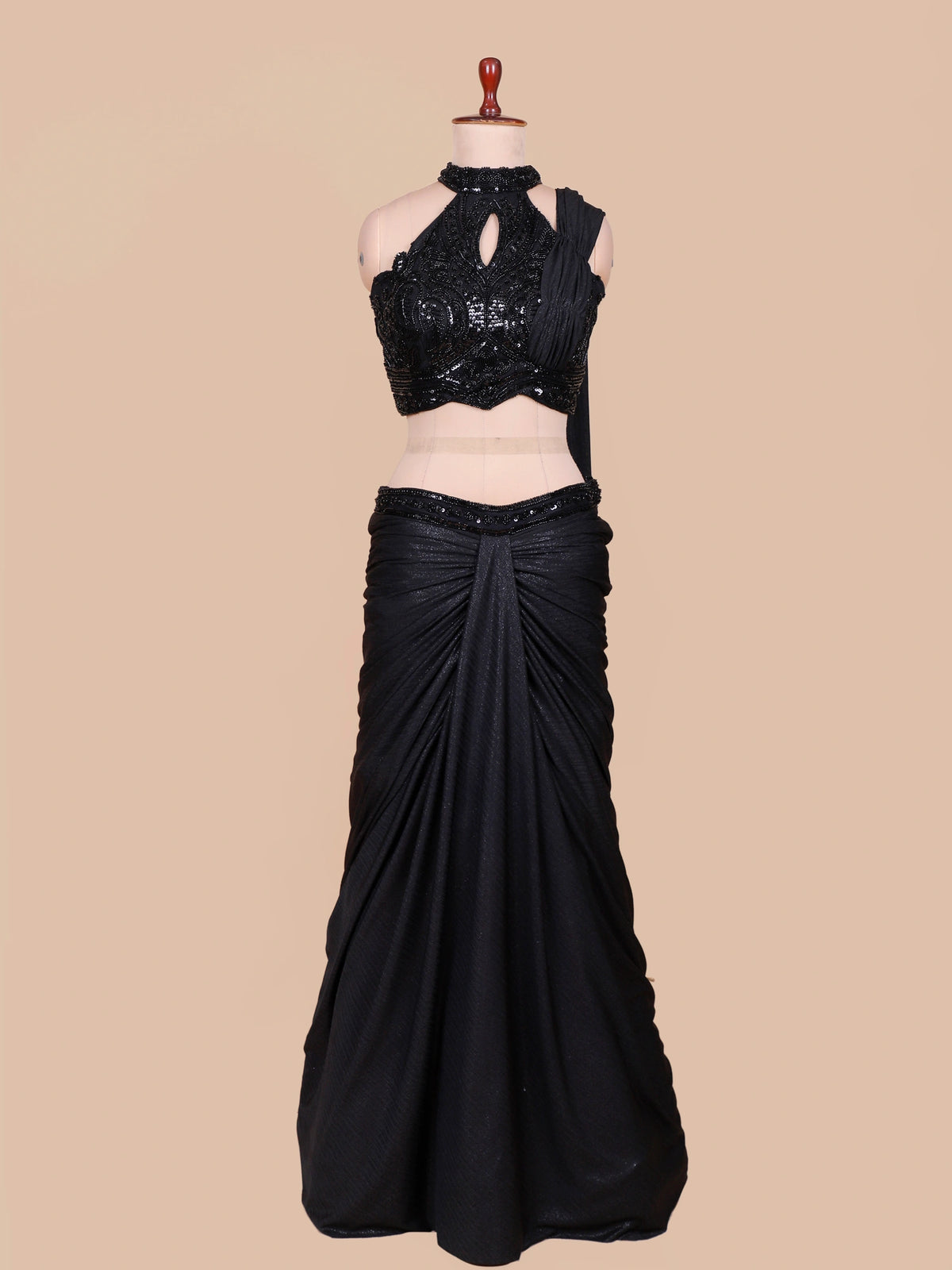 Midnight Black Pre Drape Saree with Floral Sequin Bead Embroidery