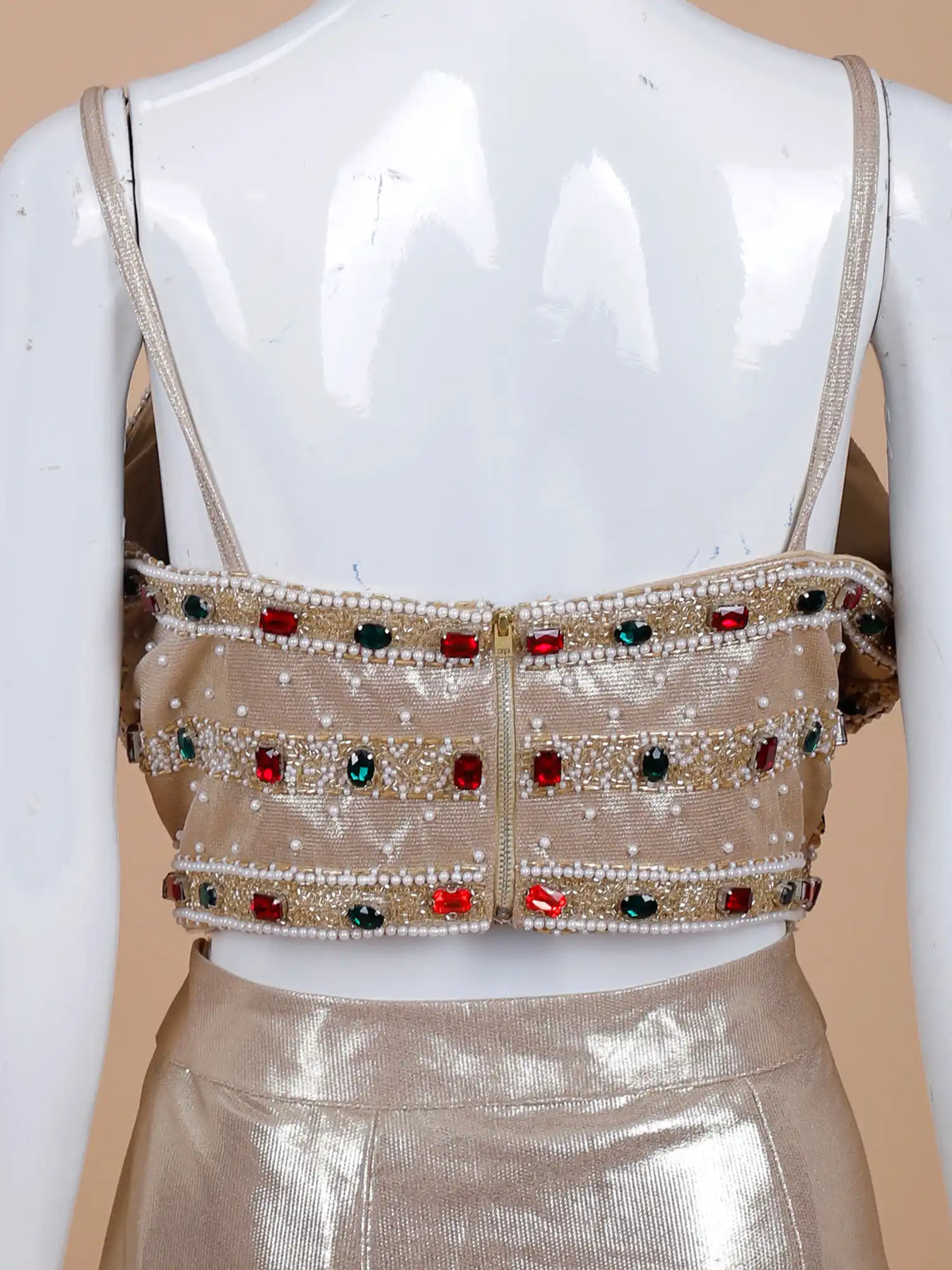 Rose Gold Imported Pre Draped Saree with Pearl Waves and Colourful  Gemstones