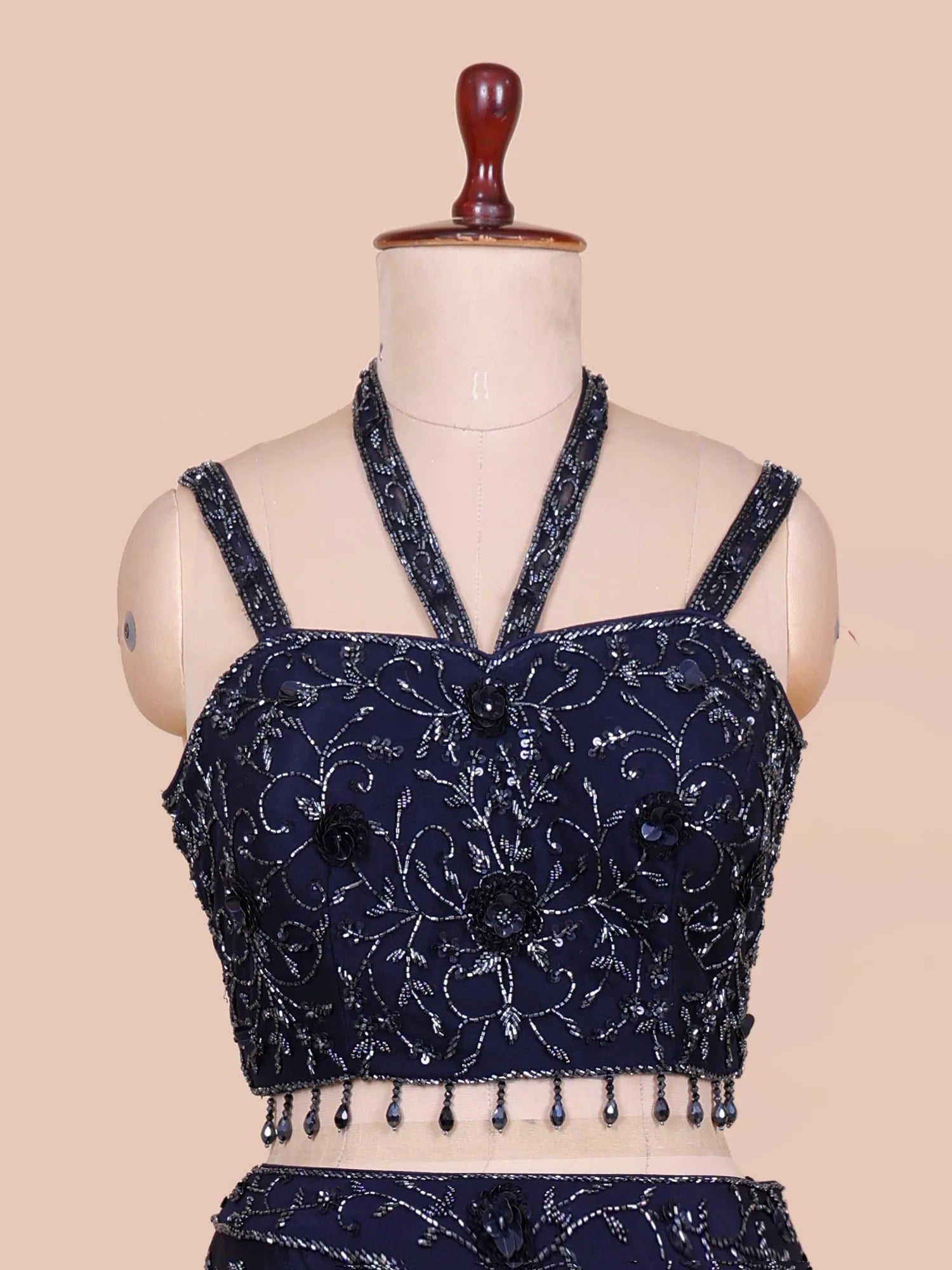 Navy Blue Couture Chinon Fishcut Lehenga With Light-Catching Crystal Work
