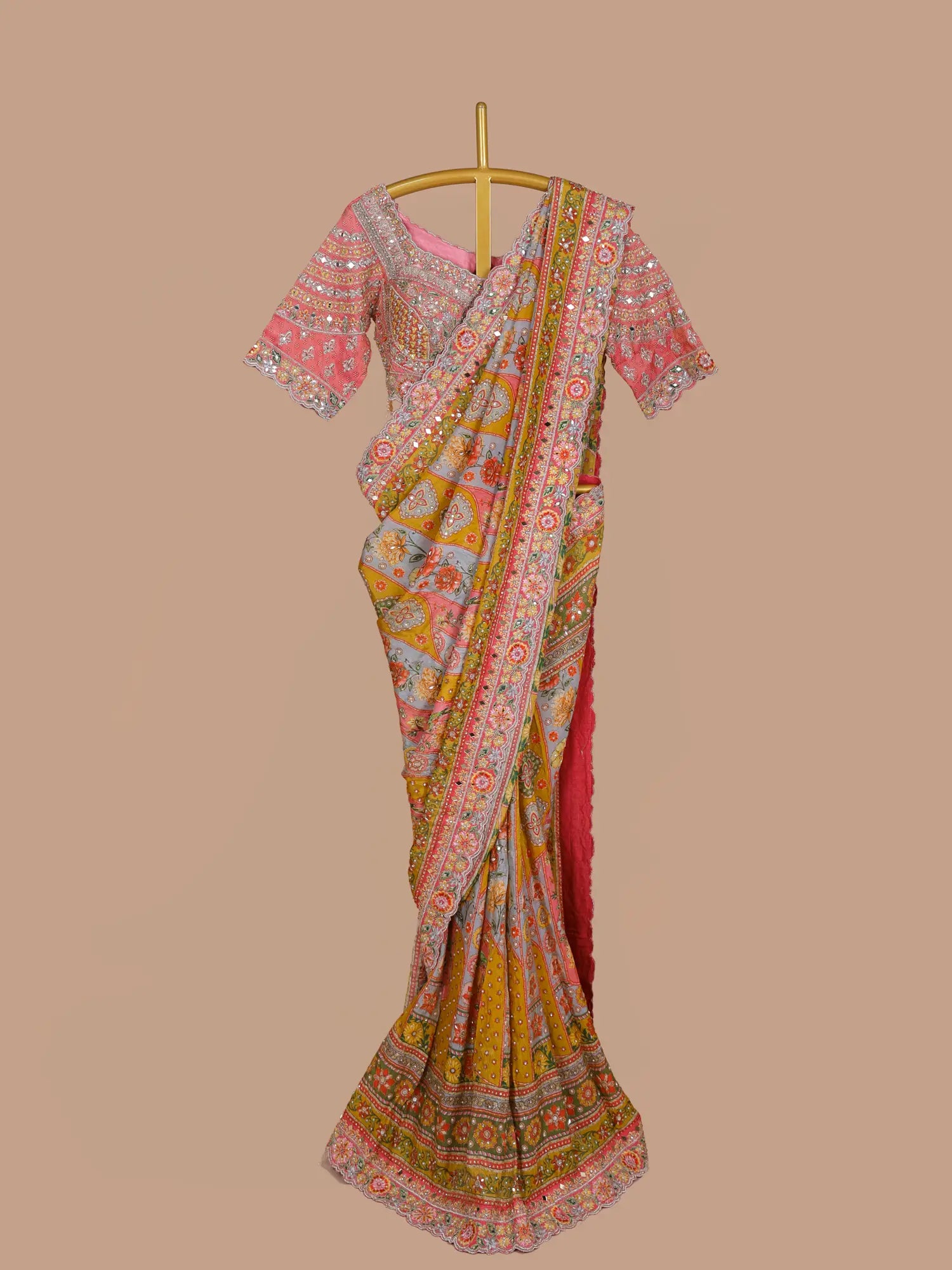 Multicolor Couture Printed Silk Saree Showcasing Diamond Moti Work