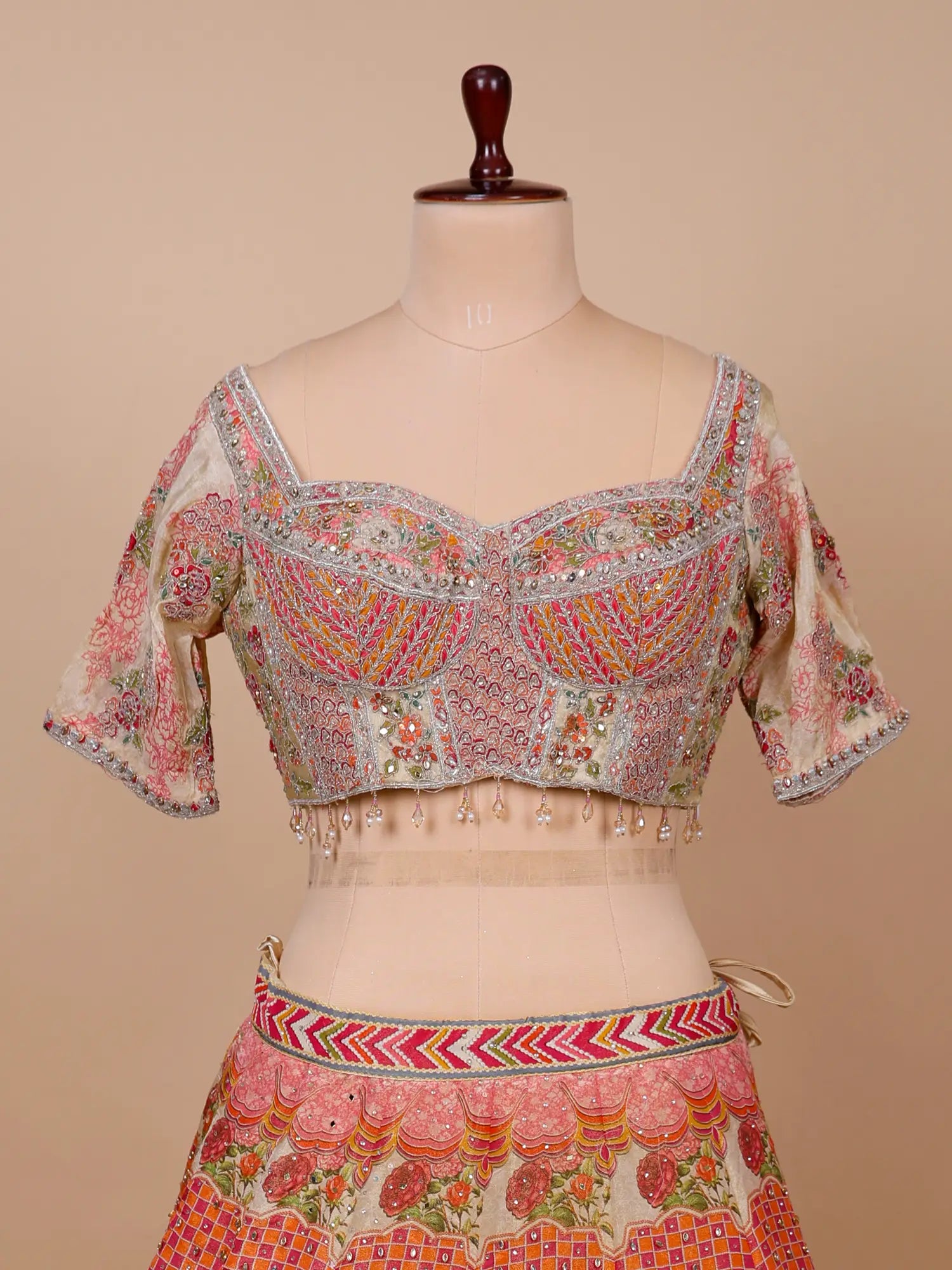 Get Bollywood Style Multi Color Silk Lehenga Mirror Work Design
