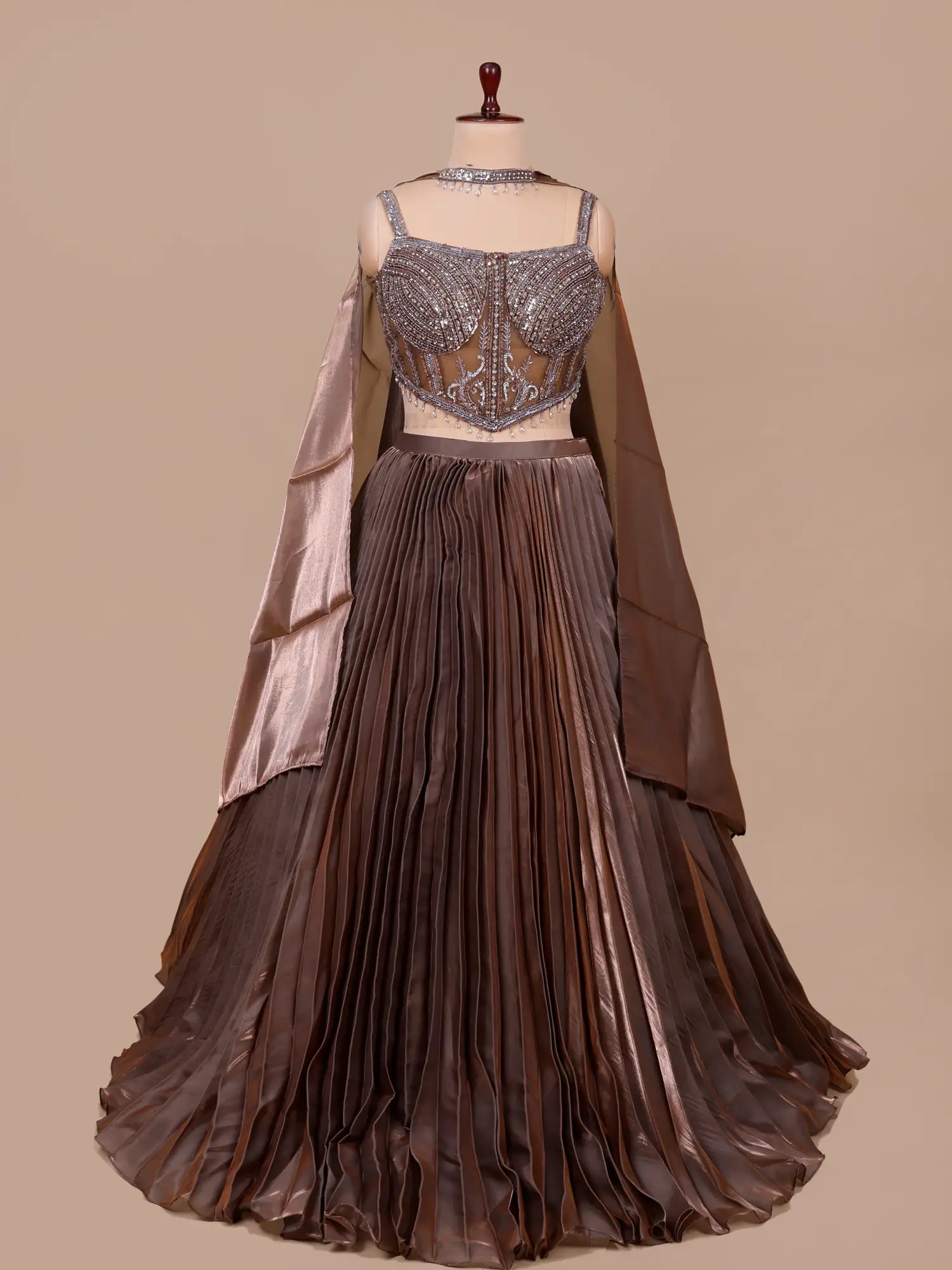 Affordable Brown Organza party Lehenga With Cut Dana Work